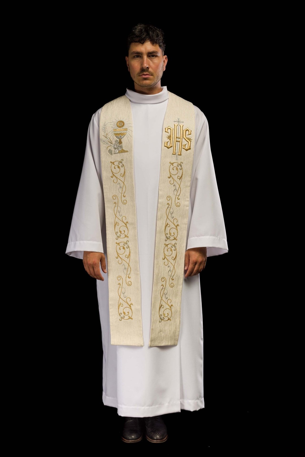 Priesterstola mit gesticktem IHS und Abendmahlskelch ecru - MESSGEWANDER.DE
