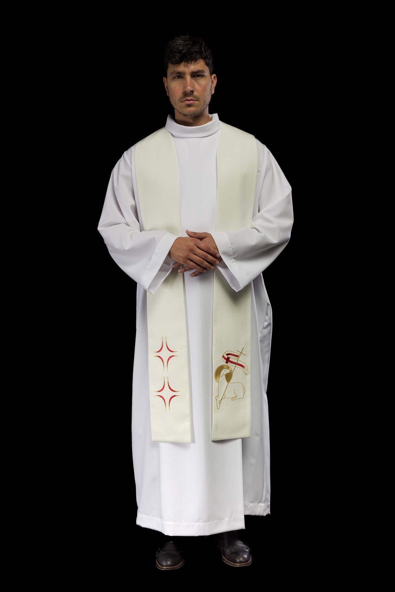 Priesterstola mit Stickerei von Kreuz und Lamm - MESSGEWANDER.DE