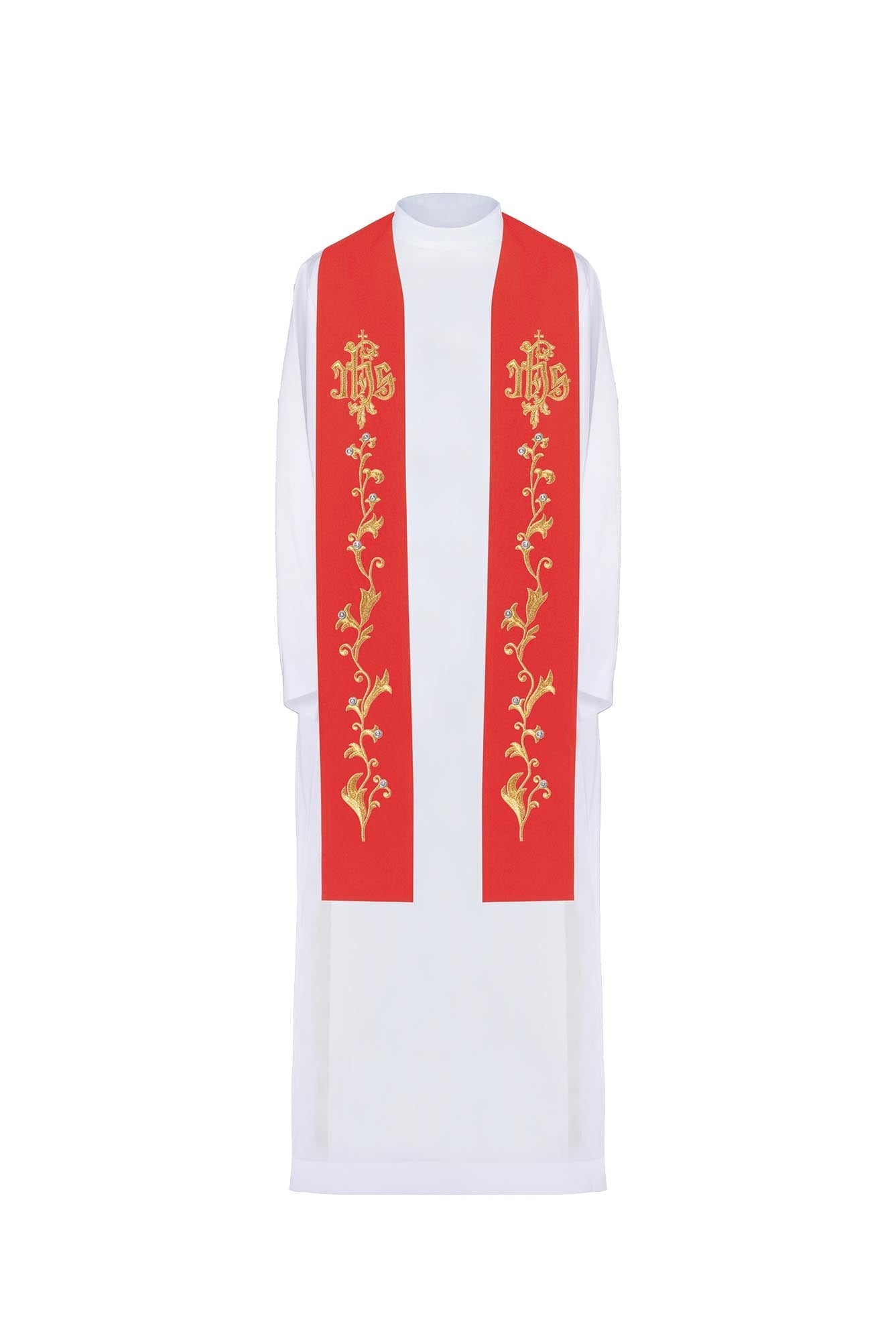 Priesterstola rot bestickt IHS auf dem Kreuz - MESSGEWANDER.DE