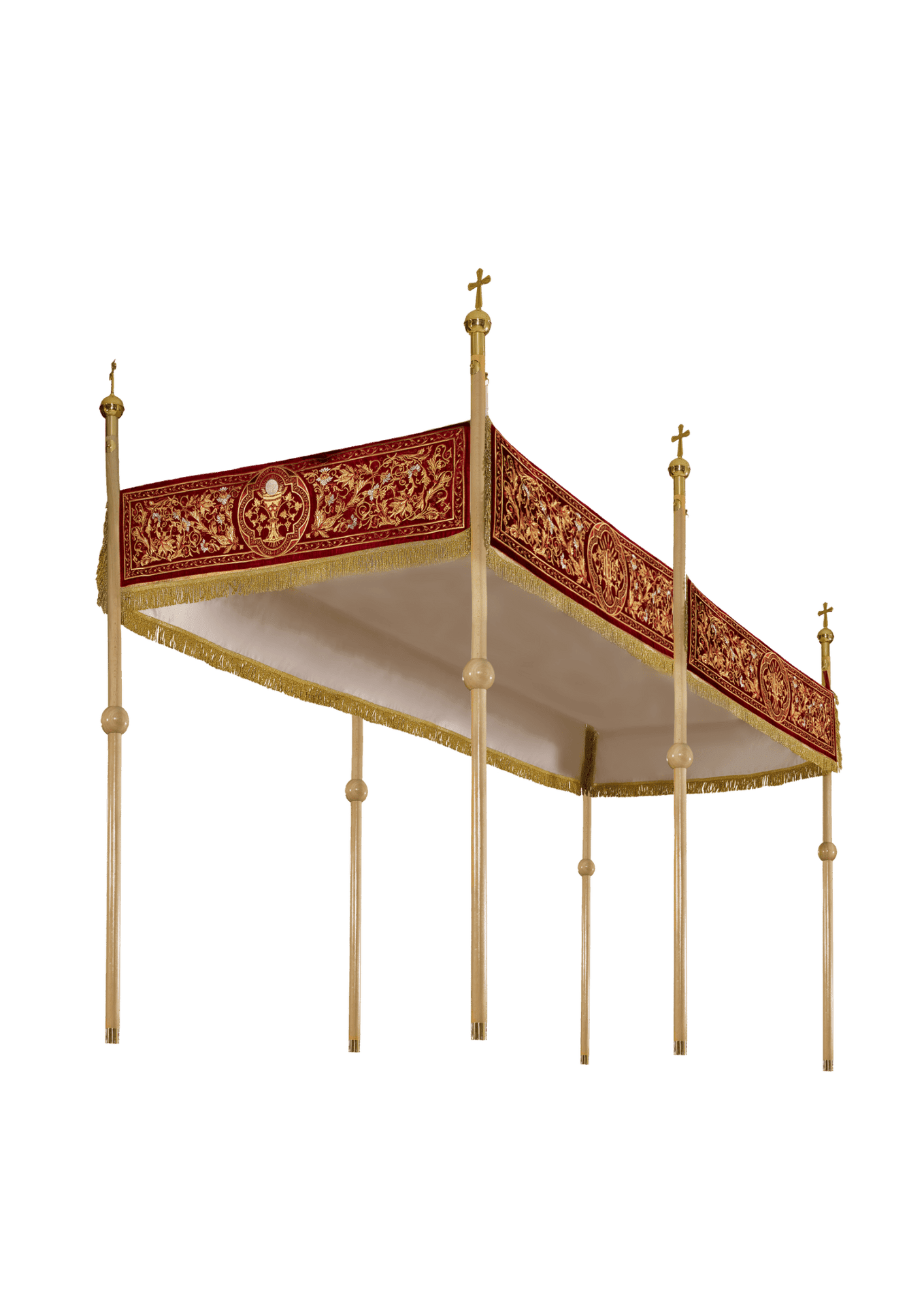 Prozessionshimmel bordeauxrot, Stickerei Herz Jesu und IHS, 150×250 cm - MESSGEWANDER.DE