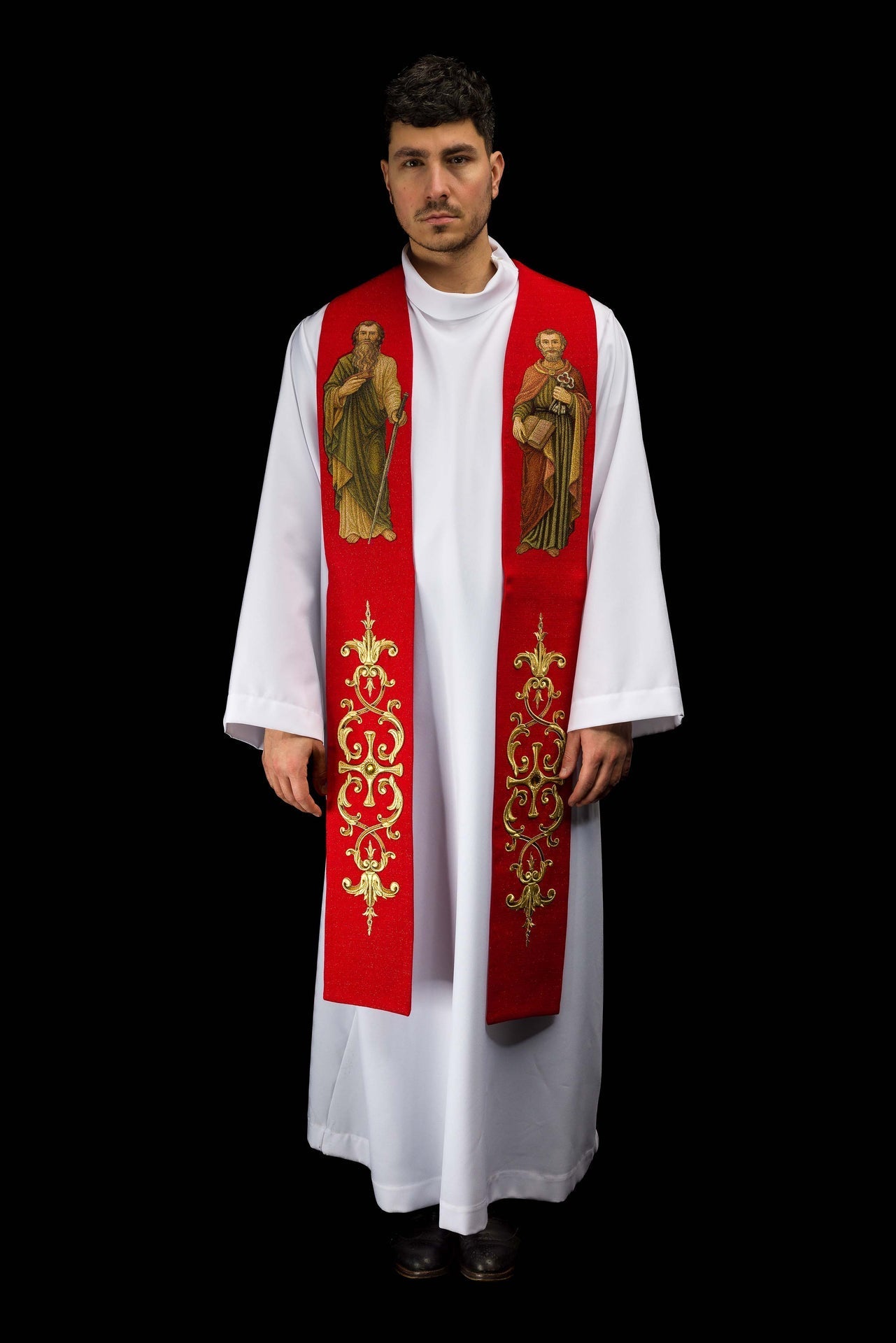 Reich bestickte Stola mit der Darstellung der Heiligen Petrus und Paulus - MESSGEWANDER.DE