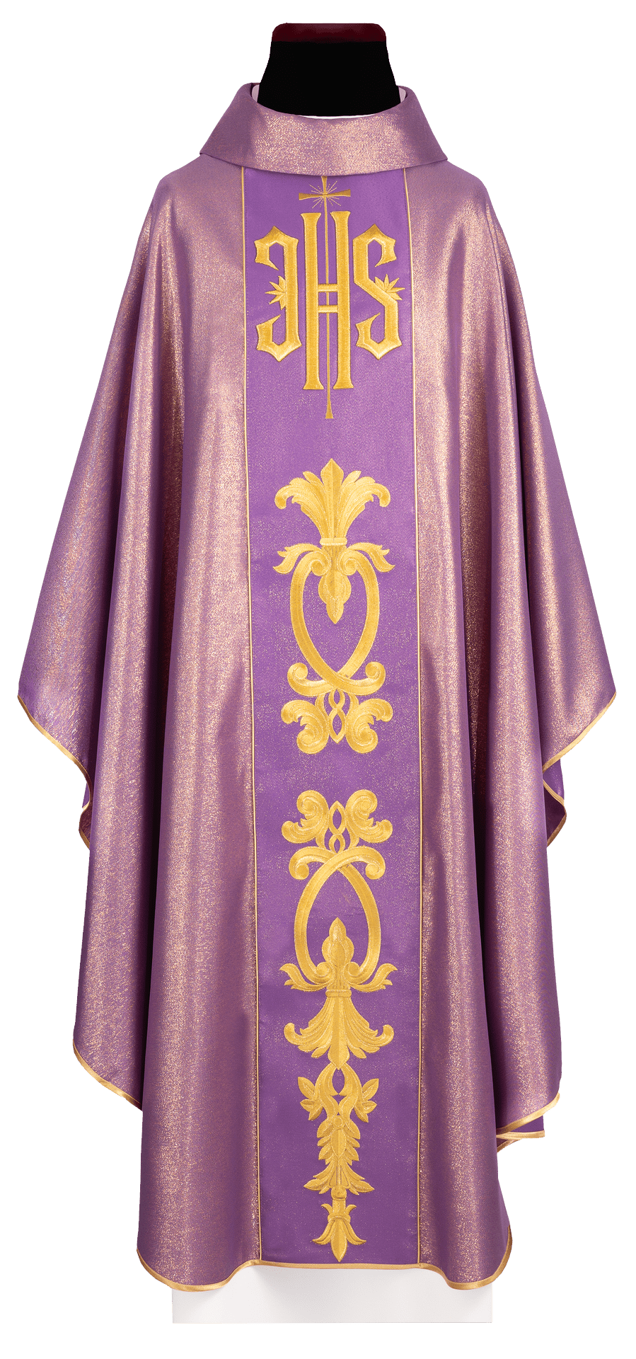 Reich verzierte violette Kasel mit goldenem Motiv und breitem IHS-Band - MESSGEWANDER.DE