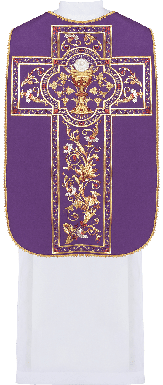 Römisches Messgewand in Lila, bestickt mit dem Motiv des eucharistischen Kelchs - MESSGEWANDER.DE