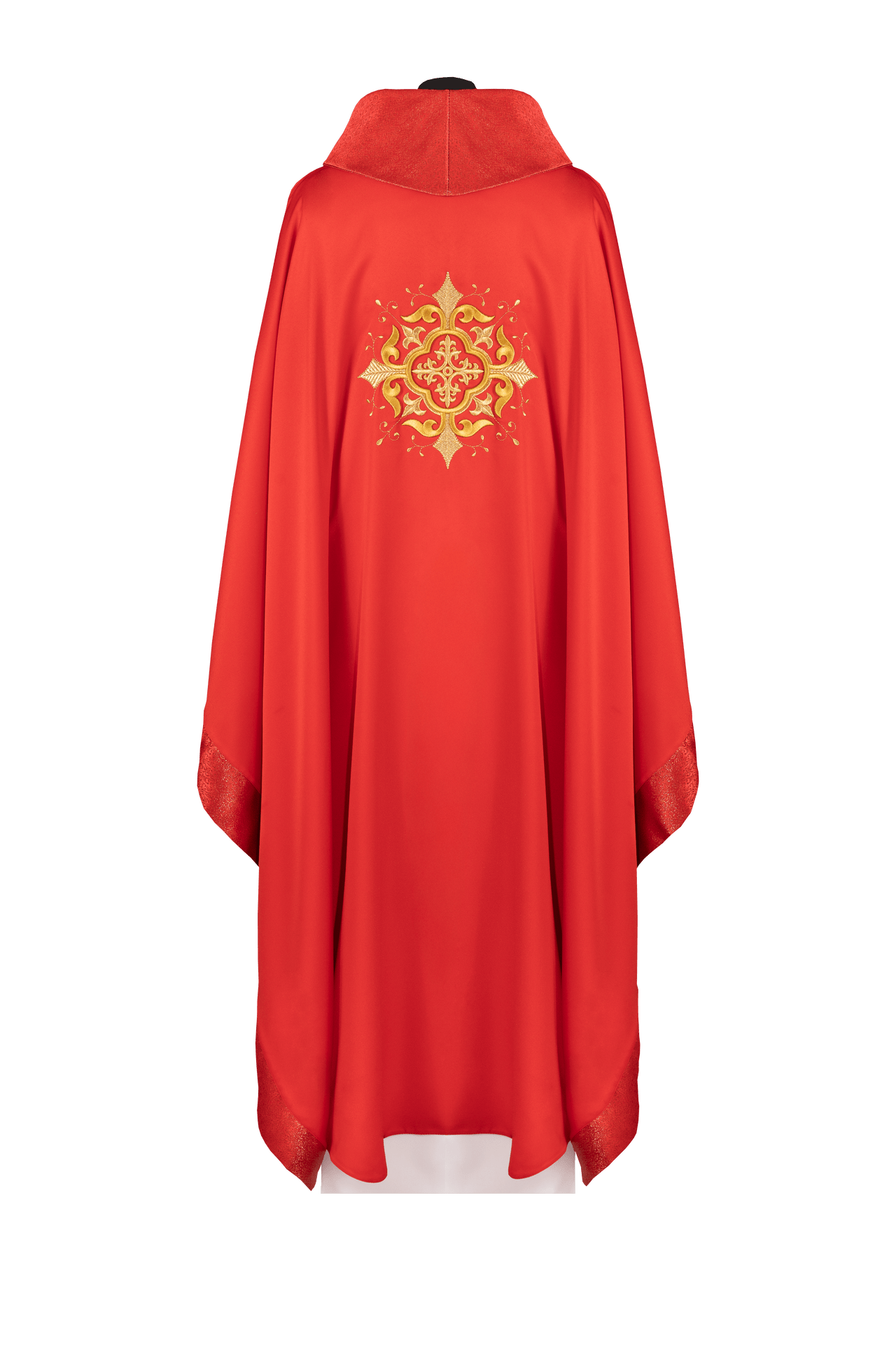 Rote liturgische Kasel mit besticktem Kreuzmotiv und reicher Veredelun - MESSGEWANDER.DE