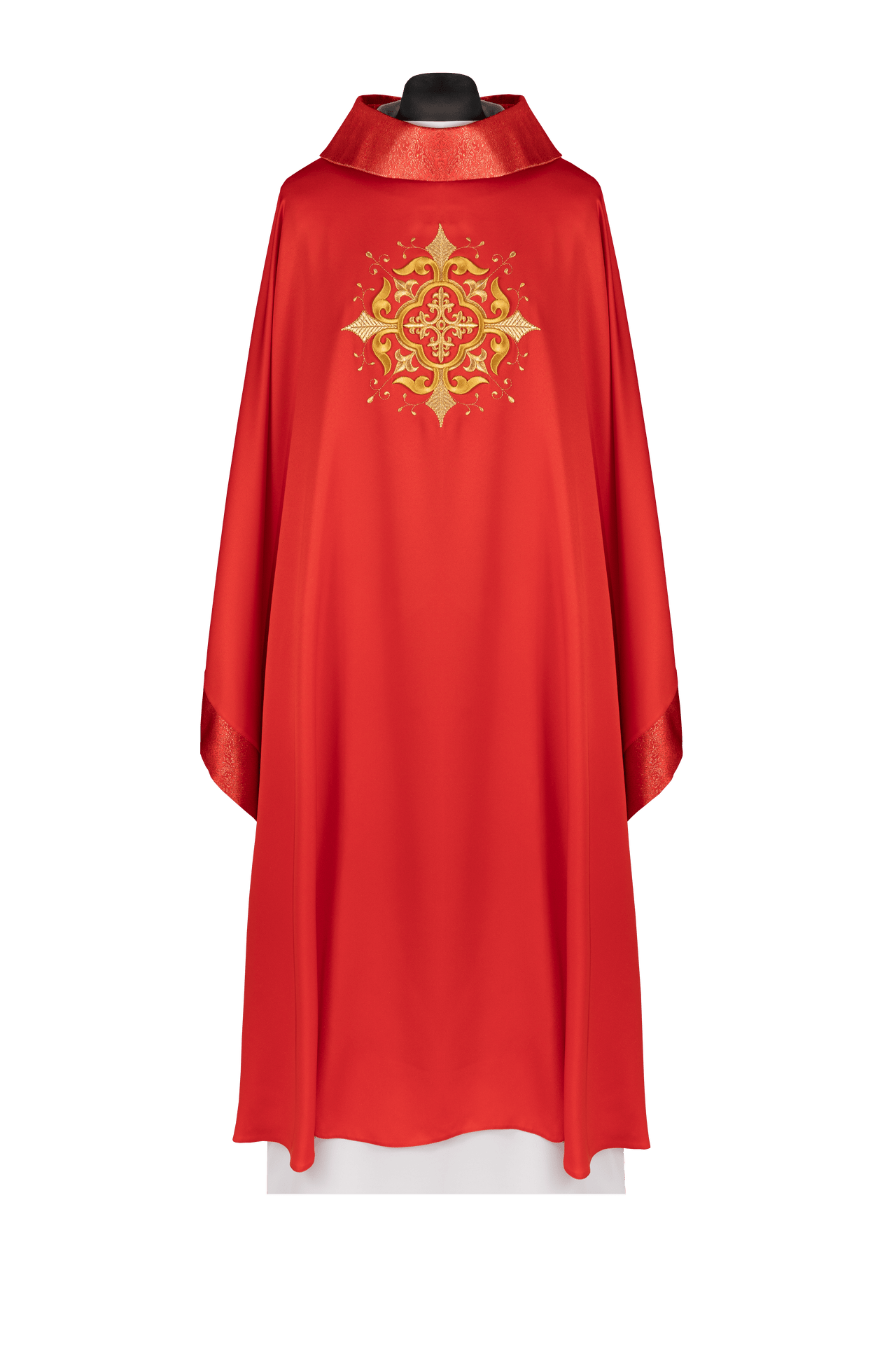 Rote liturgische Kasel mit besticktem Kreuzmotiv und reicher Veredelun - MESSGEWANDER.DE