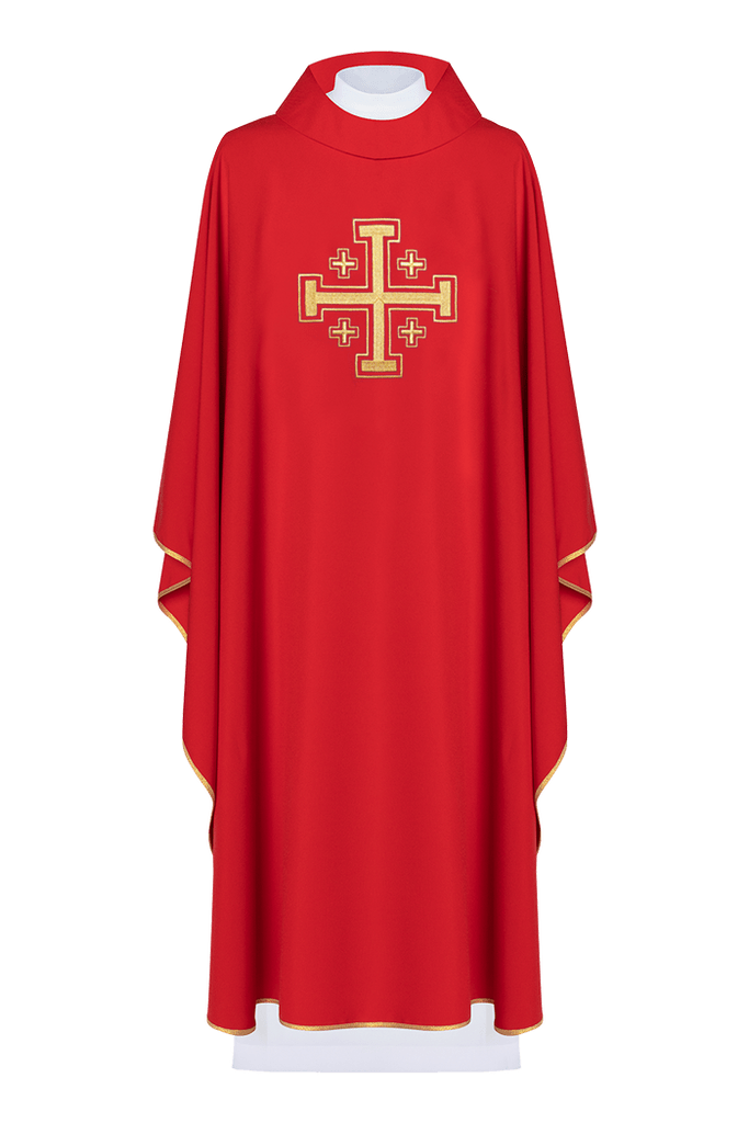 Roter Kasel mit besticktem Jerusalemer Kreuz - MESSGEWANDER.DE