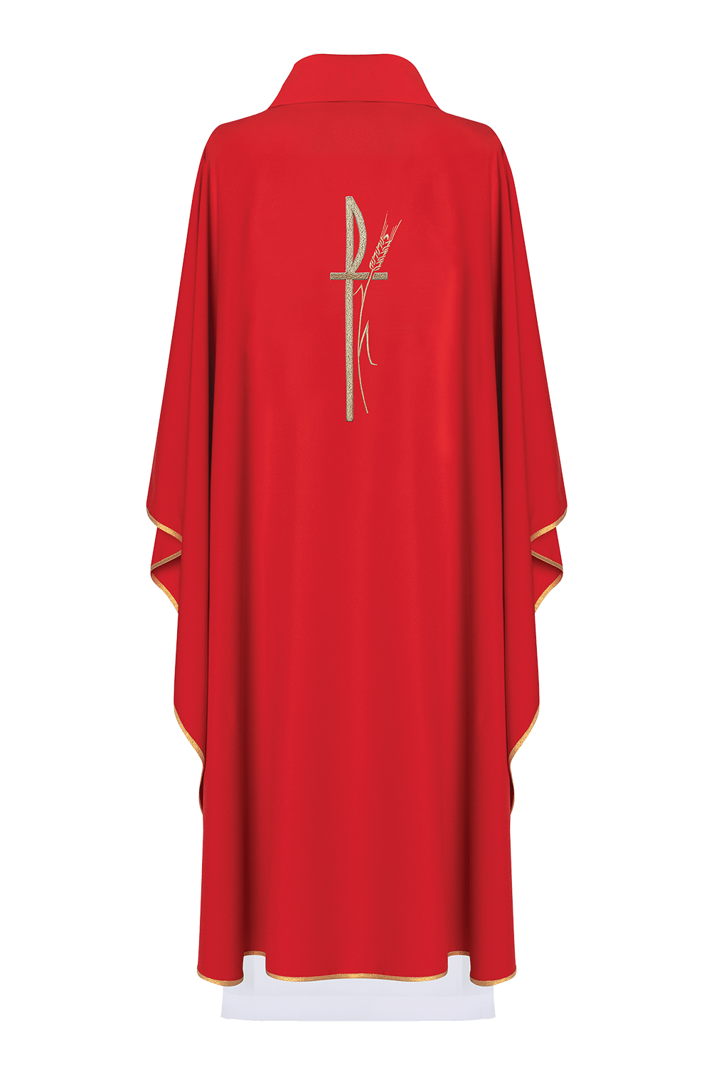 Rotes liturgisches Messgewand mit breitem Kragen und zart besticktem Kreuz - MESSGEWANDER.DE