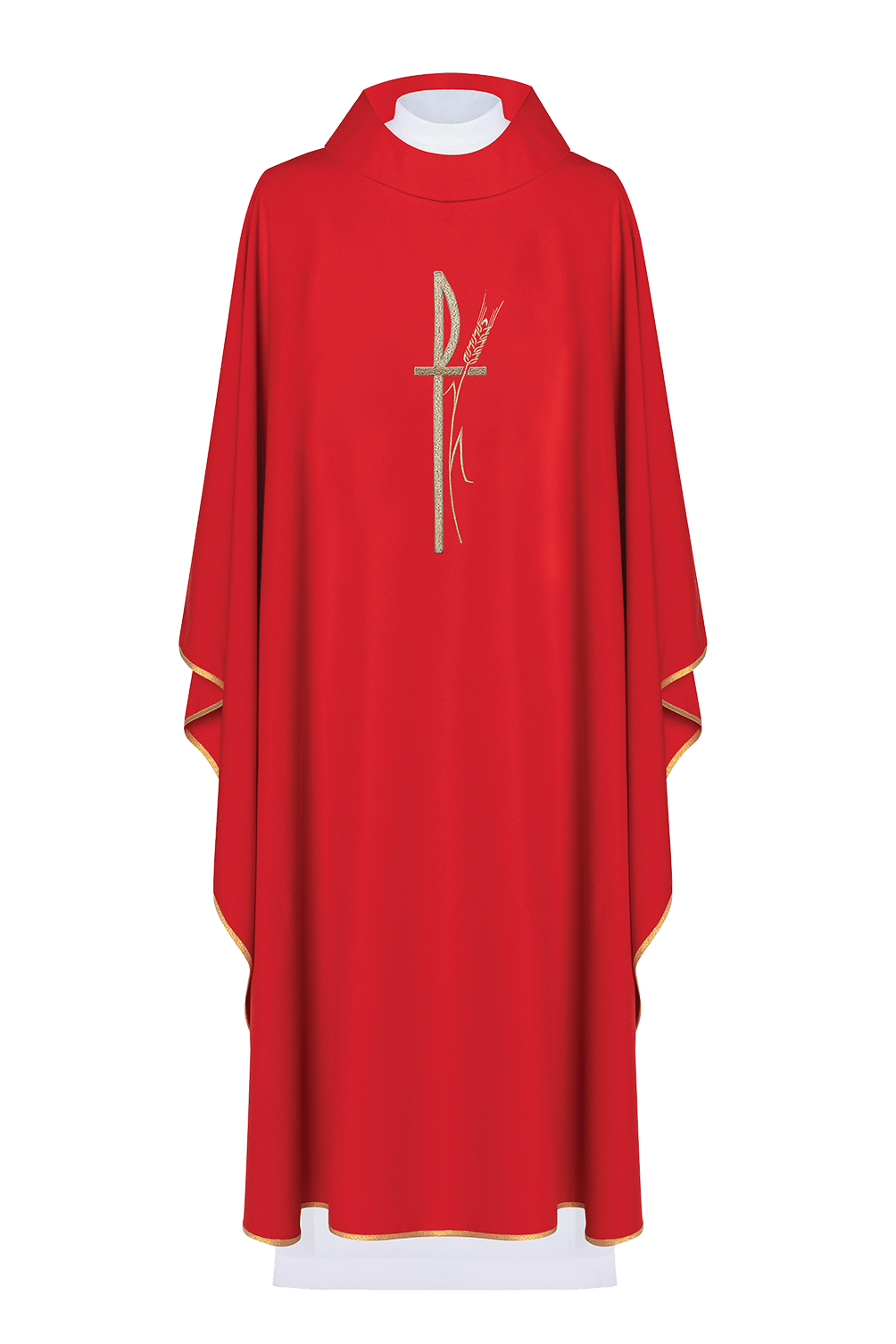 Rotes liturgisches Messgewand mit breitem Kragen und zart besticktem Kreuz - MESSGEWANDER.DE