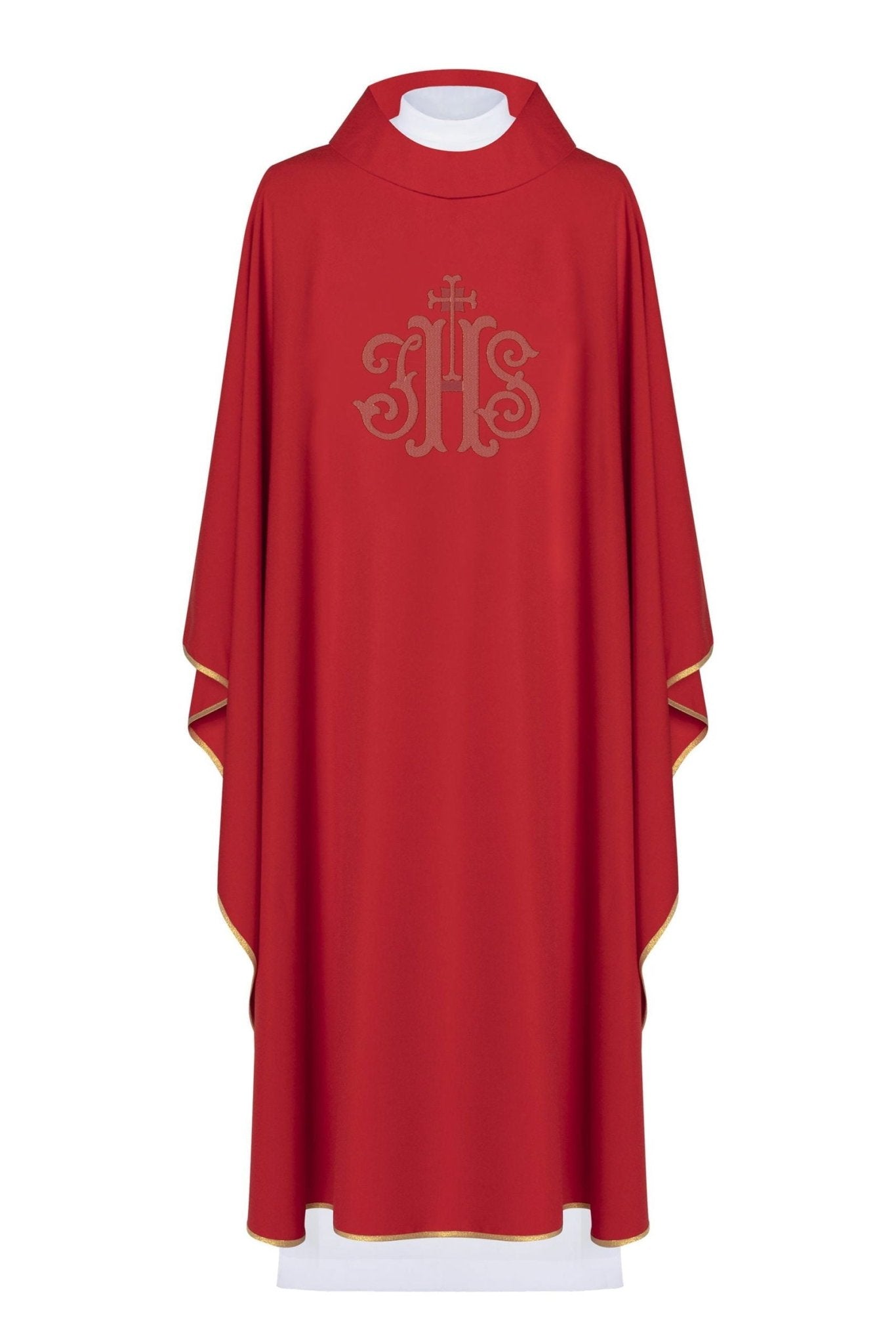 Rotes liturgisches Messgewand mit IHS-Stickerei - MESSGEWANDER.DE