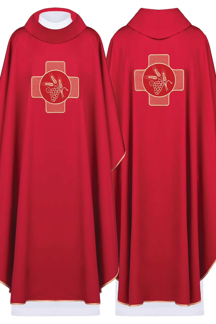 Rotes Messgewand, bestickt mit dem Symbol des Kreuzes und Traubenähren - MESSGEWANDER.DE
