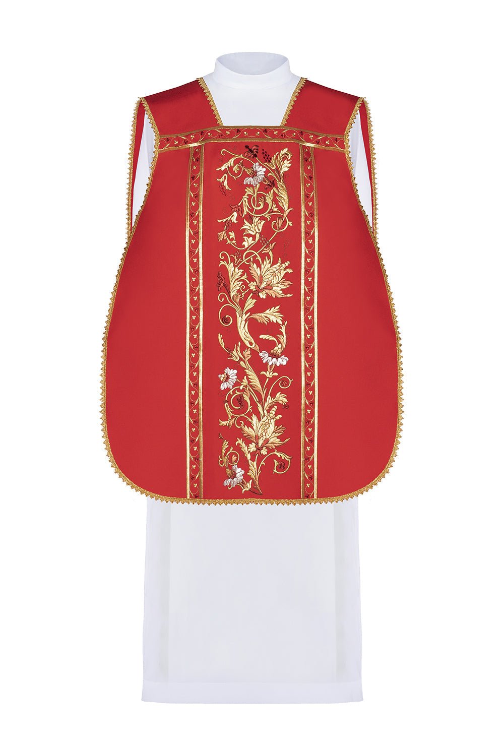 Rotes römisches Messgewand mit gesticktem eucharistischem Kelchmotiv - MESSGEWANDER.DE