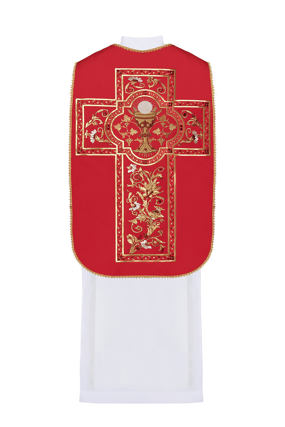 Rotes römisches Messgewand mit gesticktem eucharistischem Kelchmotiv - MESSGEWANDER.DE