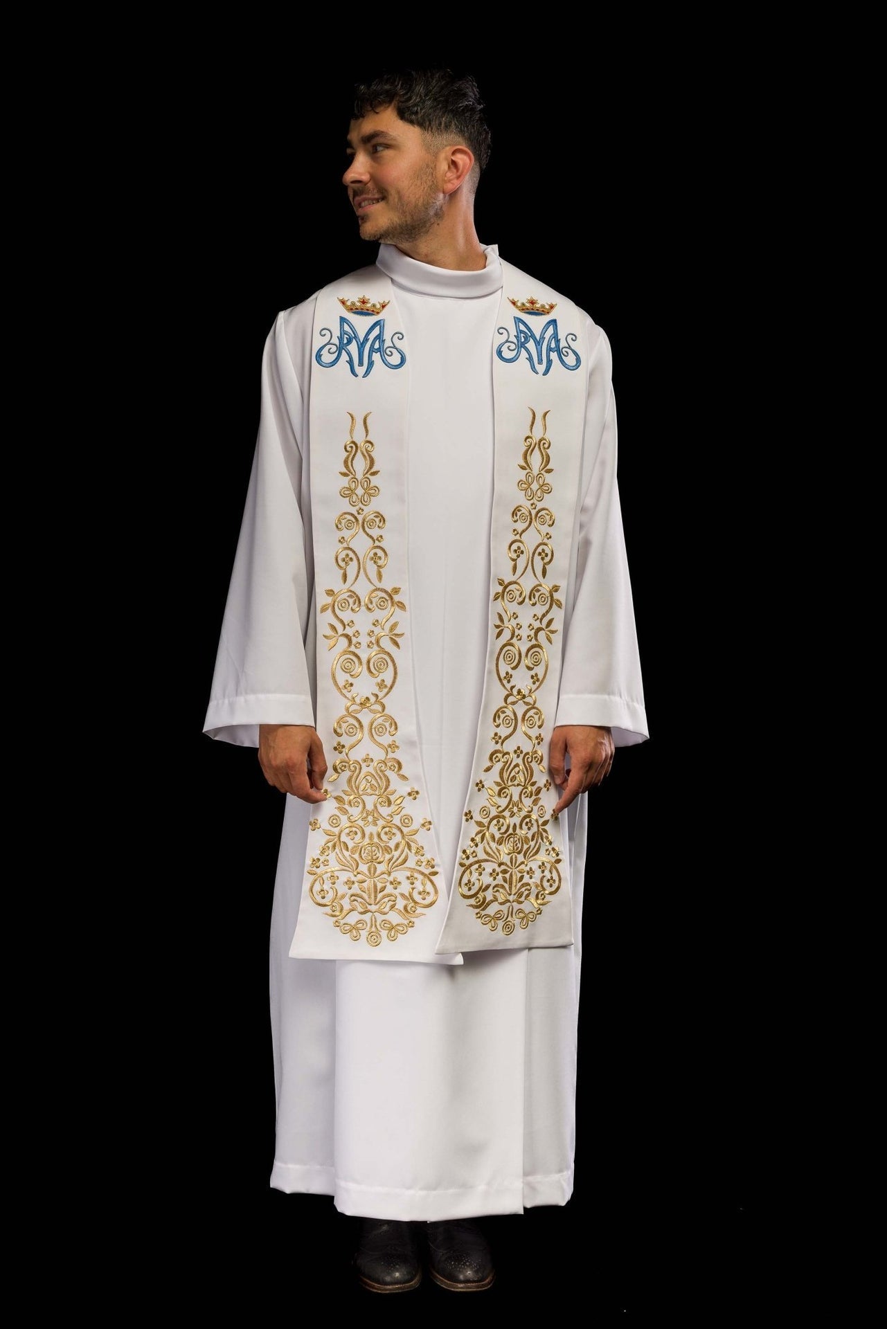 Stola des Priesters weiß gesticktes Marienmotiv mit Krone - MESSGEWANDER.DE