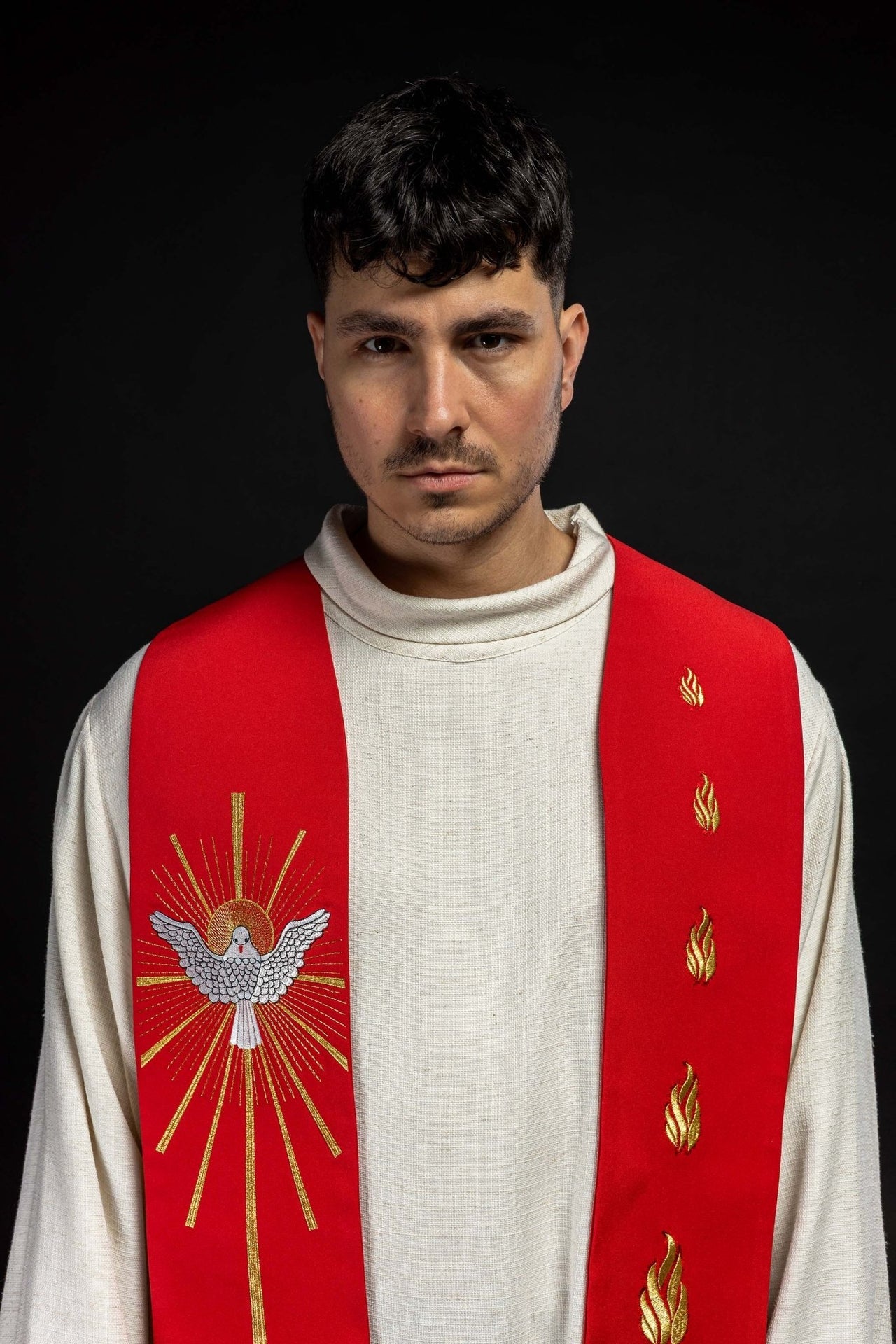 Stuła haftowana Duch Święty i Języki Ognia Czerwona