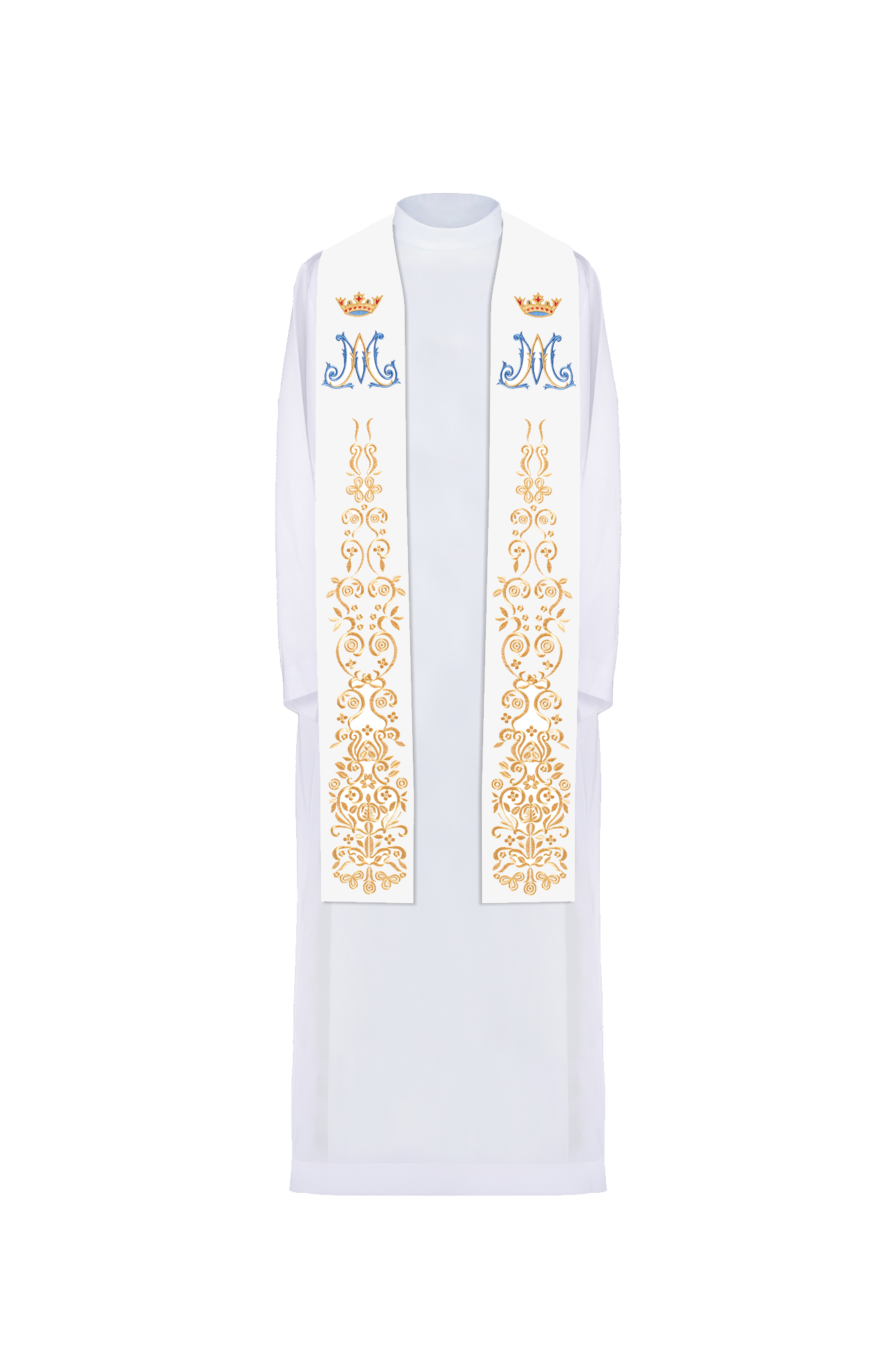 Stuła kapłańska haftowana biała Maryjna - ORNATY.PL