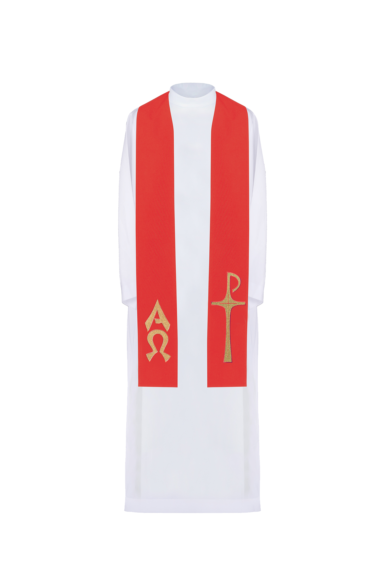 Priesterstola mit gesticktem Alpha und Omega Motiv in Rot