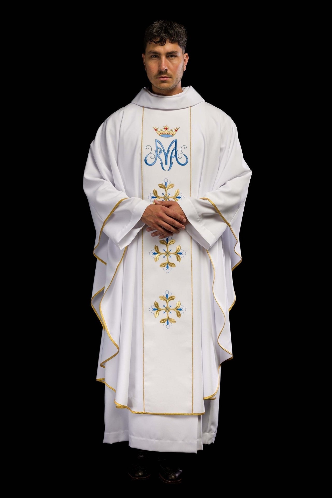 Weißes marianisches liturgisches Messgewand mit Gürtel - MESSGEWANDER.DE