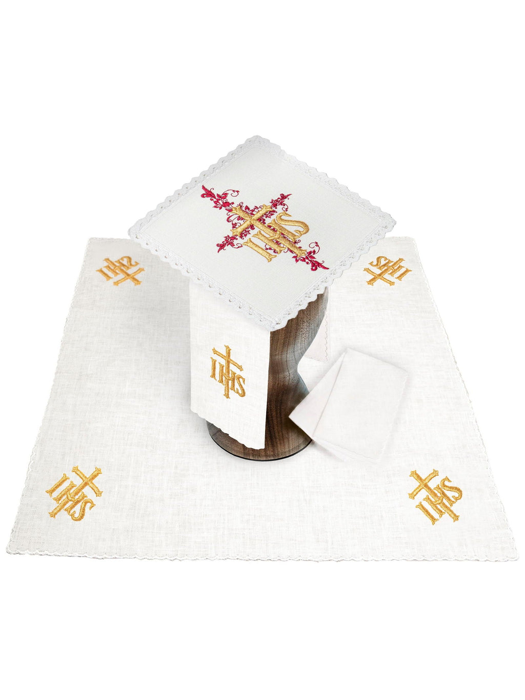 Bielizna kielichowa lniana haftowana IHS Czerwony - ORNATY.PL