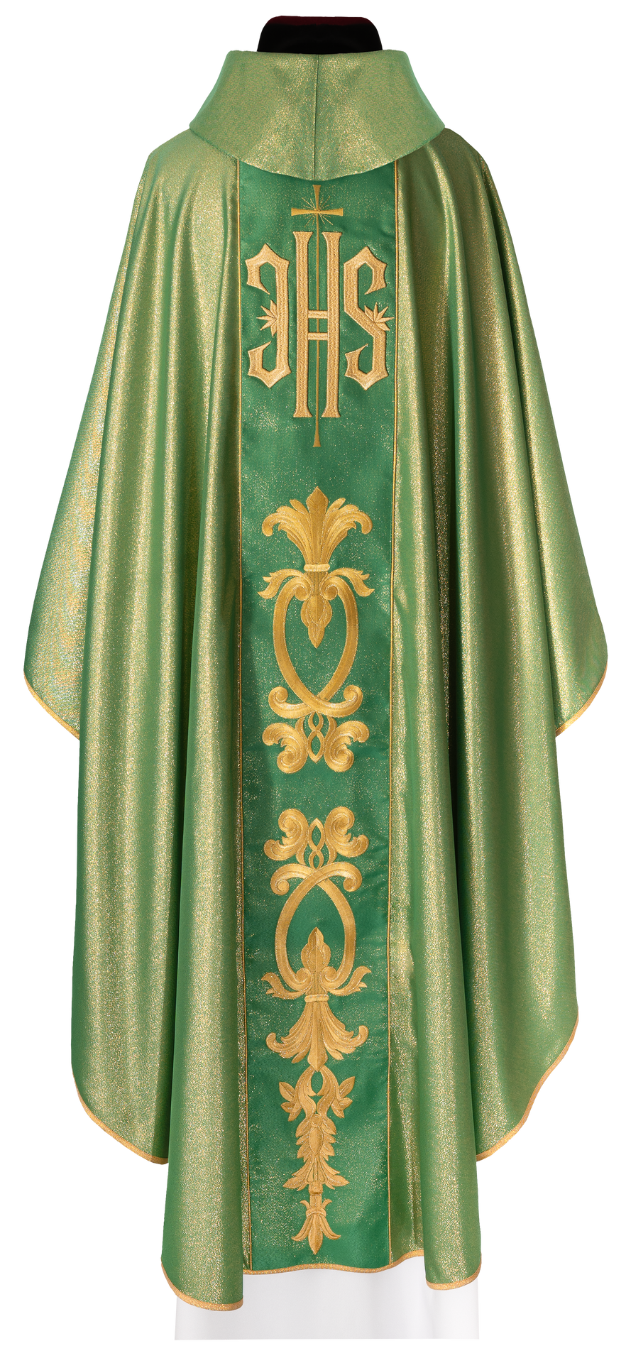 Bogato zdobiony zielony ornat z złotym motywem i szerokim pasem IHS - ORNATY.PL