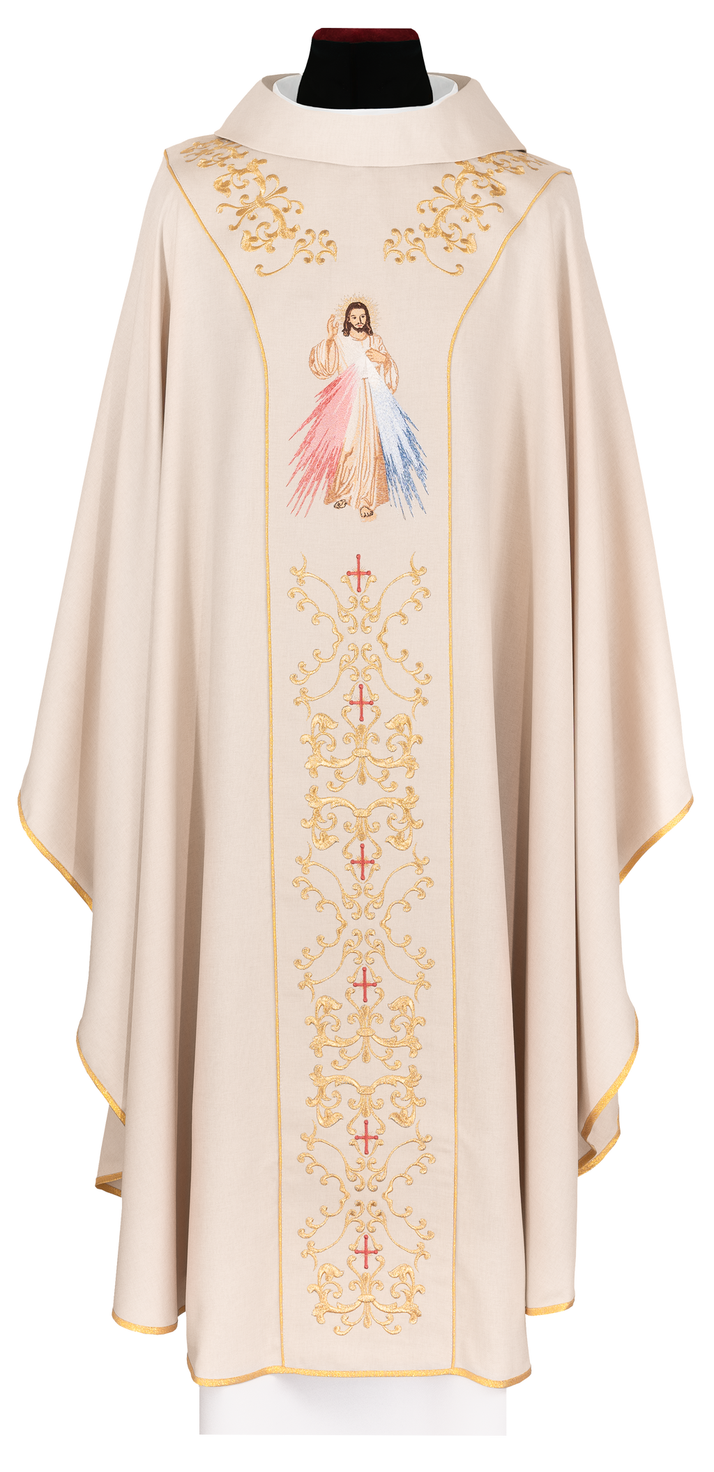 Kasel in Ecru mit dem Bildnis des Barmherzigen Jesus bestickt