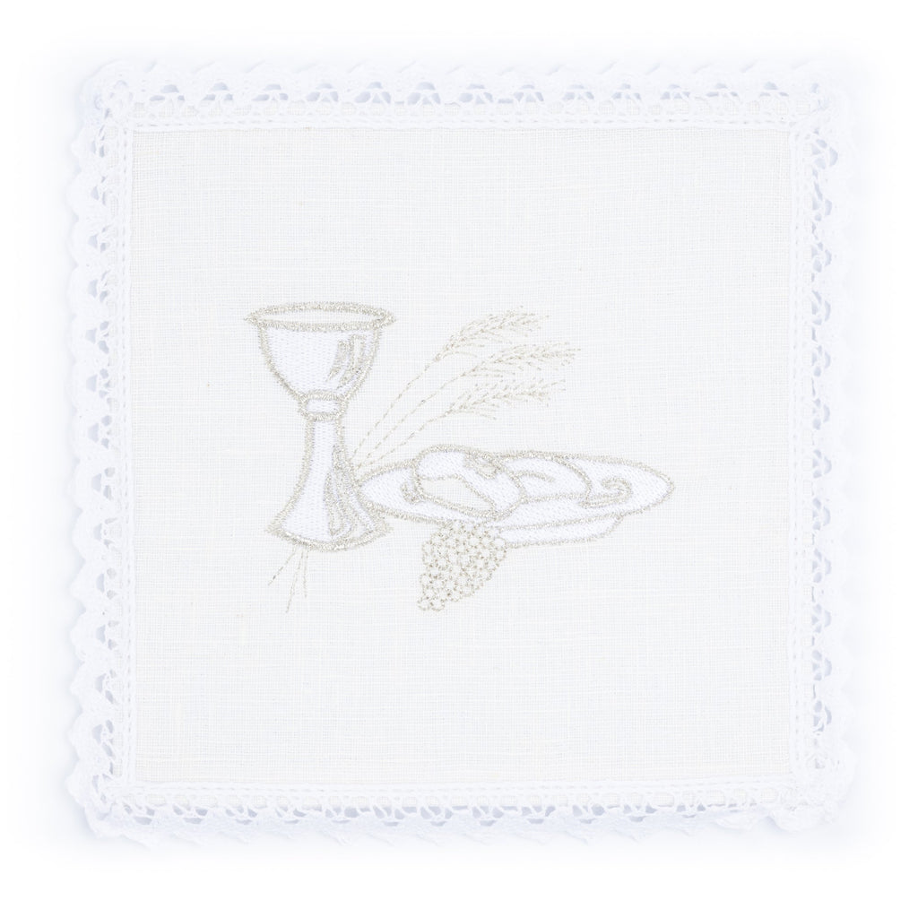 Kelchset aus Leinen mit eucharistischer Stickerei weiß