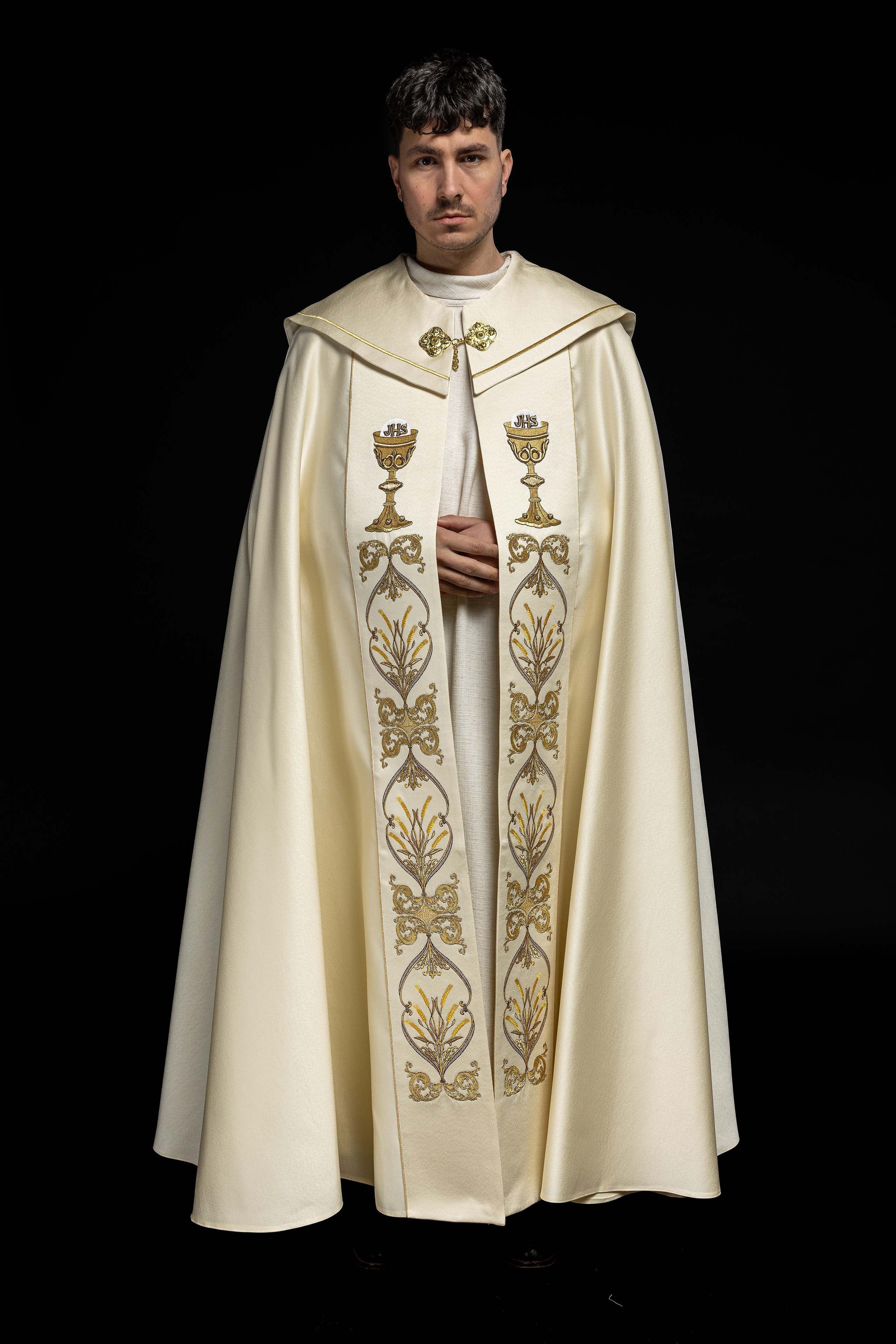 Kapa liturgiczna haftowany kielich i IHS ecru - ORNATY.PL