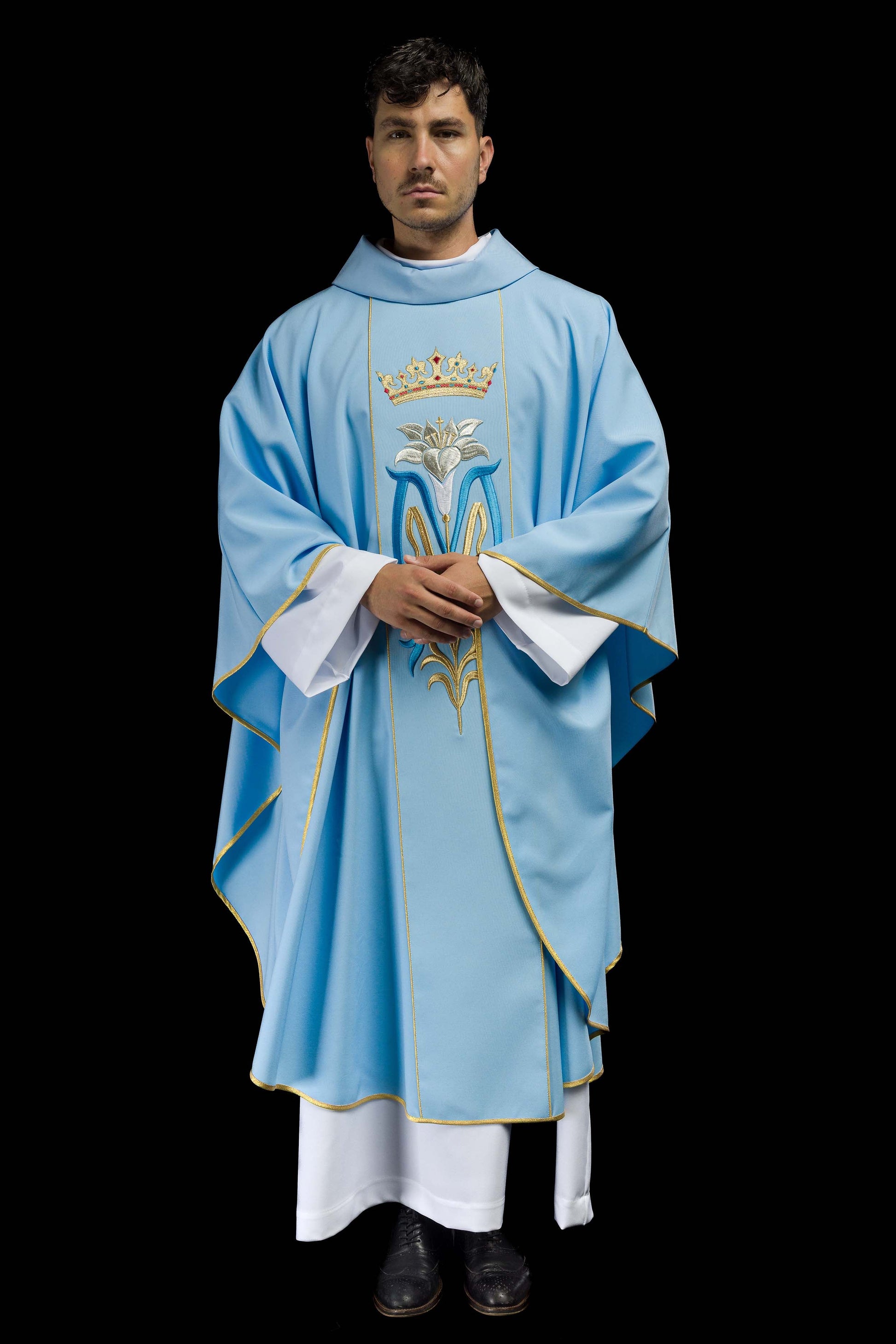 Marianisches liturgisches Messgewand mit gestickter Krone Blau