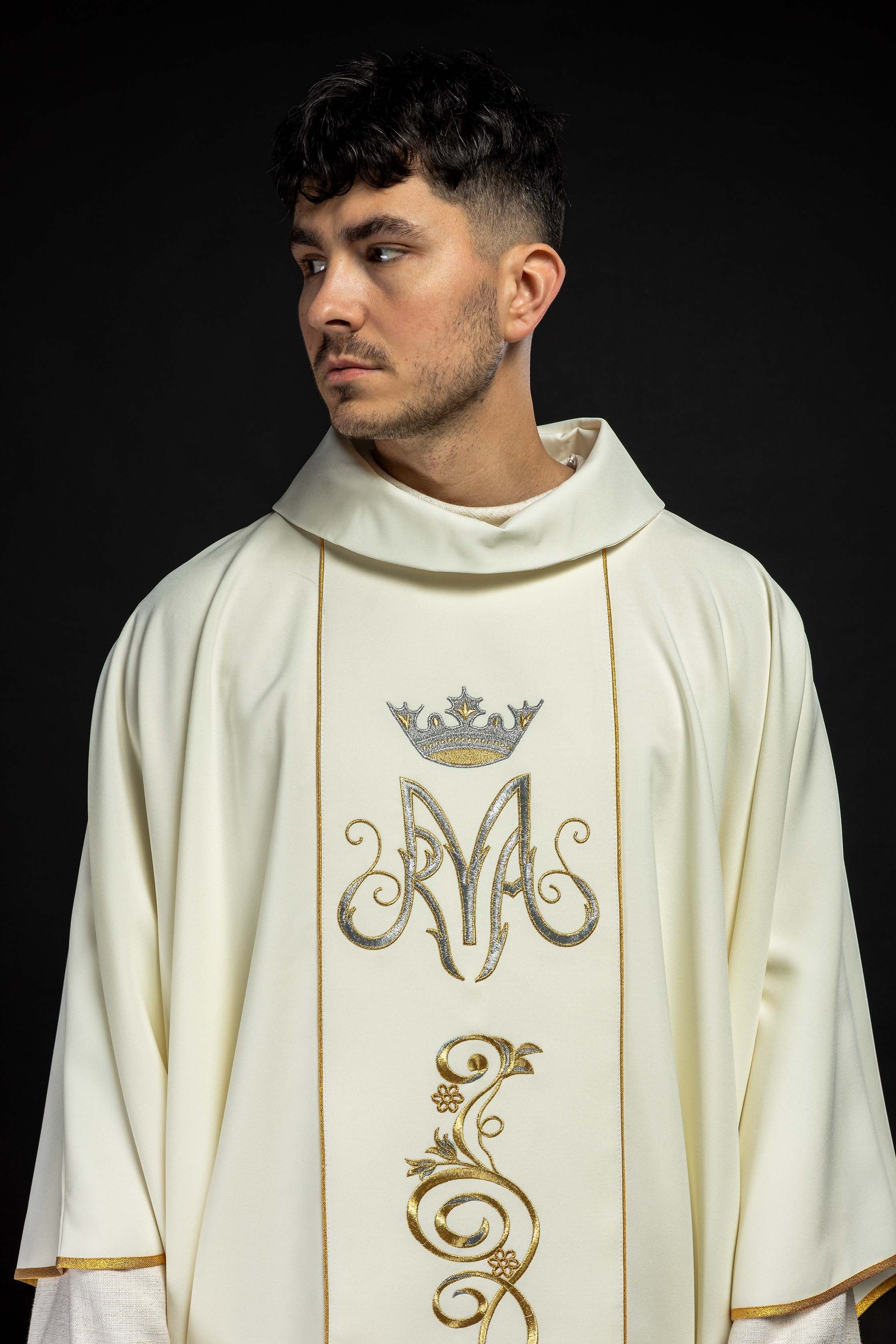 Ornat liturgiczny Maryjny z pasem haftowanym ecru - ORNATY.PL