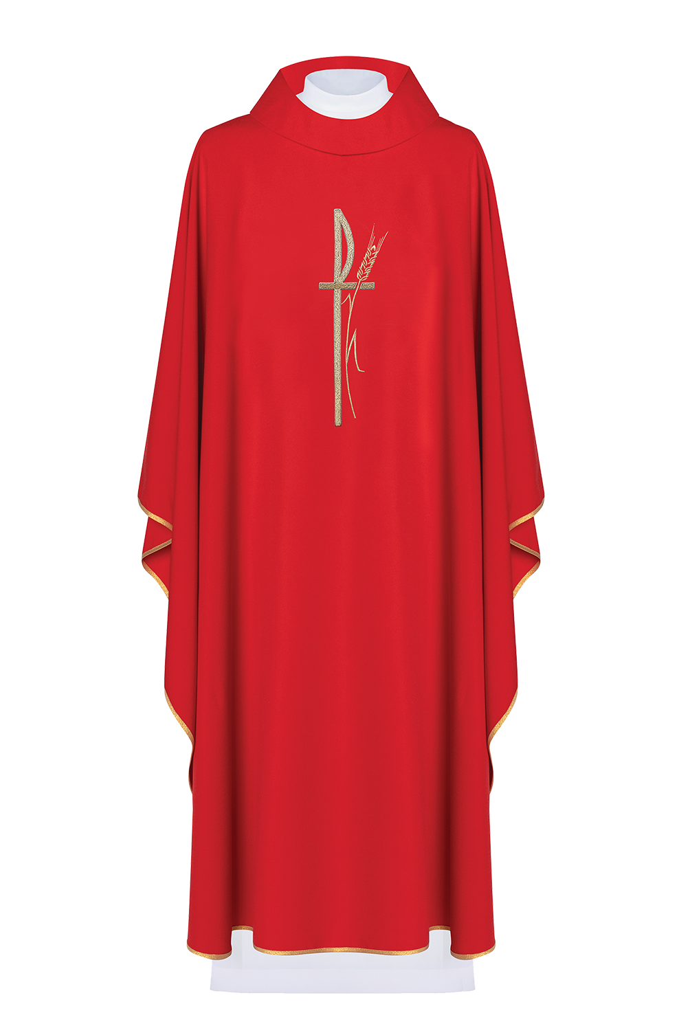 Rotes liturgisches Messgewand mit breitem Kragen und zart besticktem Kreuz