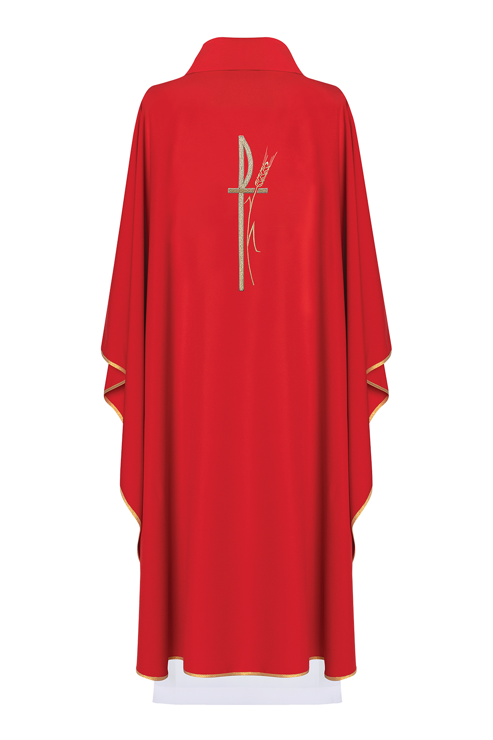 Rotes liturgisches Messgewand mit breitem Kragen und zart besticktem Kreuz
