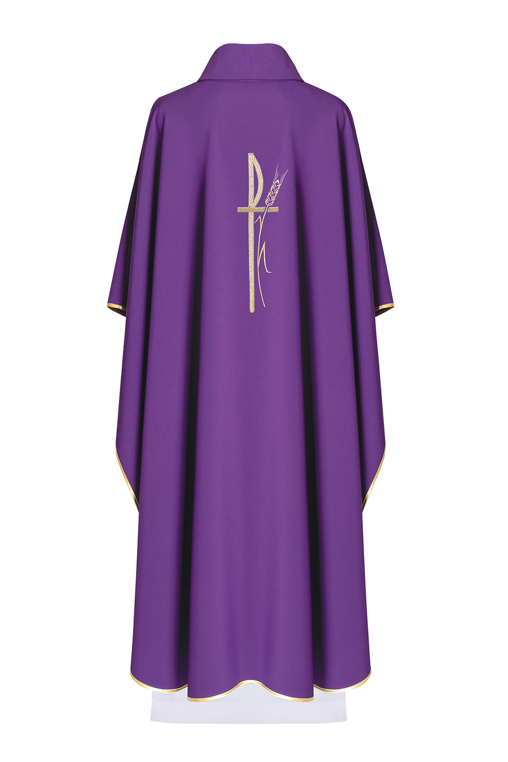 Lila liturgisches Messgewand mit breitem Kragen und zart besticktem Kreuz