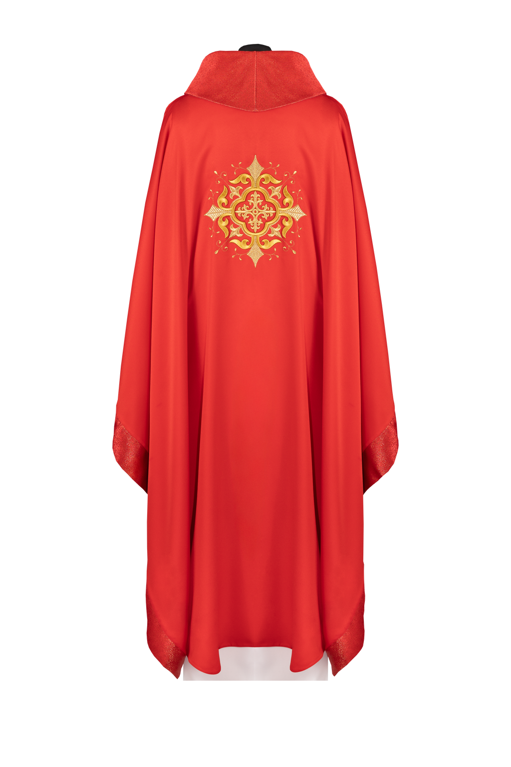 Rote liturgische Kasel mit besticktem Kreuzmotiv und reicher Veredelun