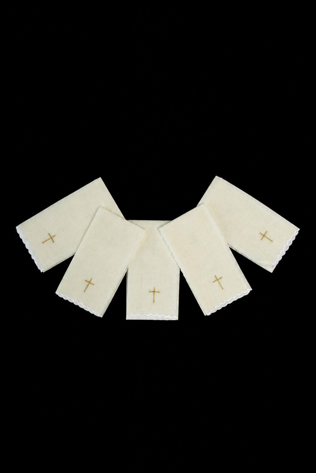 Liturgische Purifikatorien aus Leinen mit goldenem Kreuz, 5 Stück
