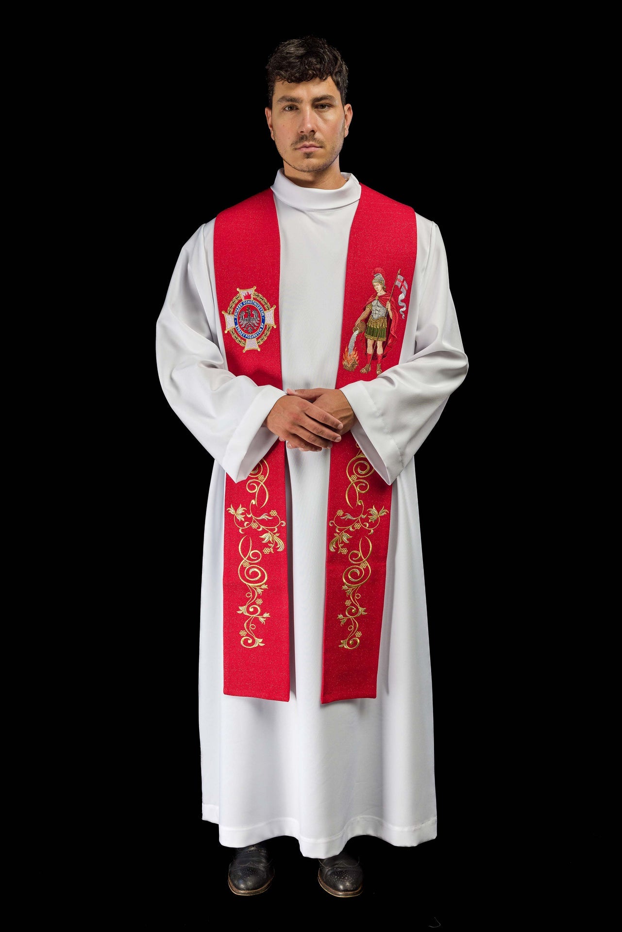 Reich bestickte Stola mit Abbildung des Heiligen Florian
