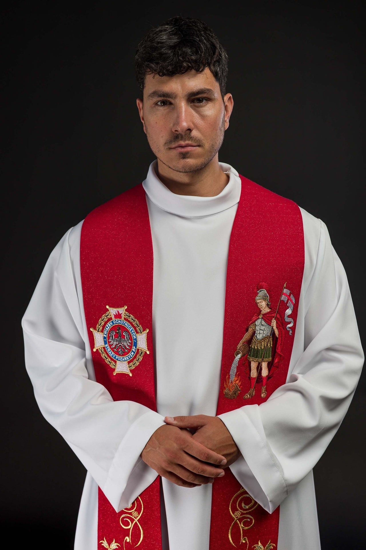 Reich bestickte Stola mit Abbildung des Heiligen Florian