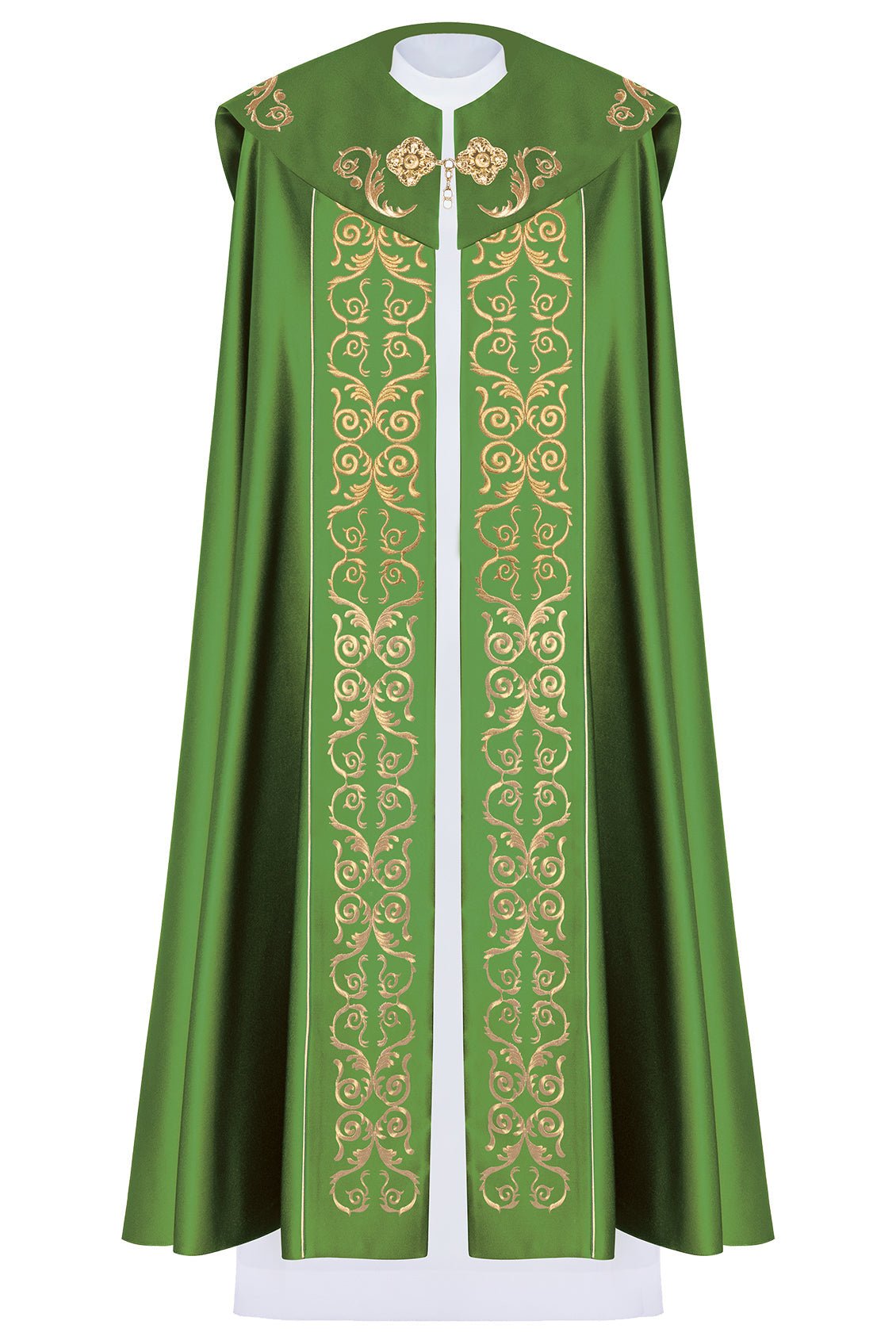 Kapa eucharystyczna z bogato zdobionym monogramem w kolorze zielonym - ORNATY.PL