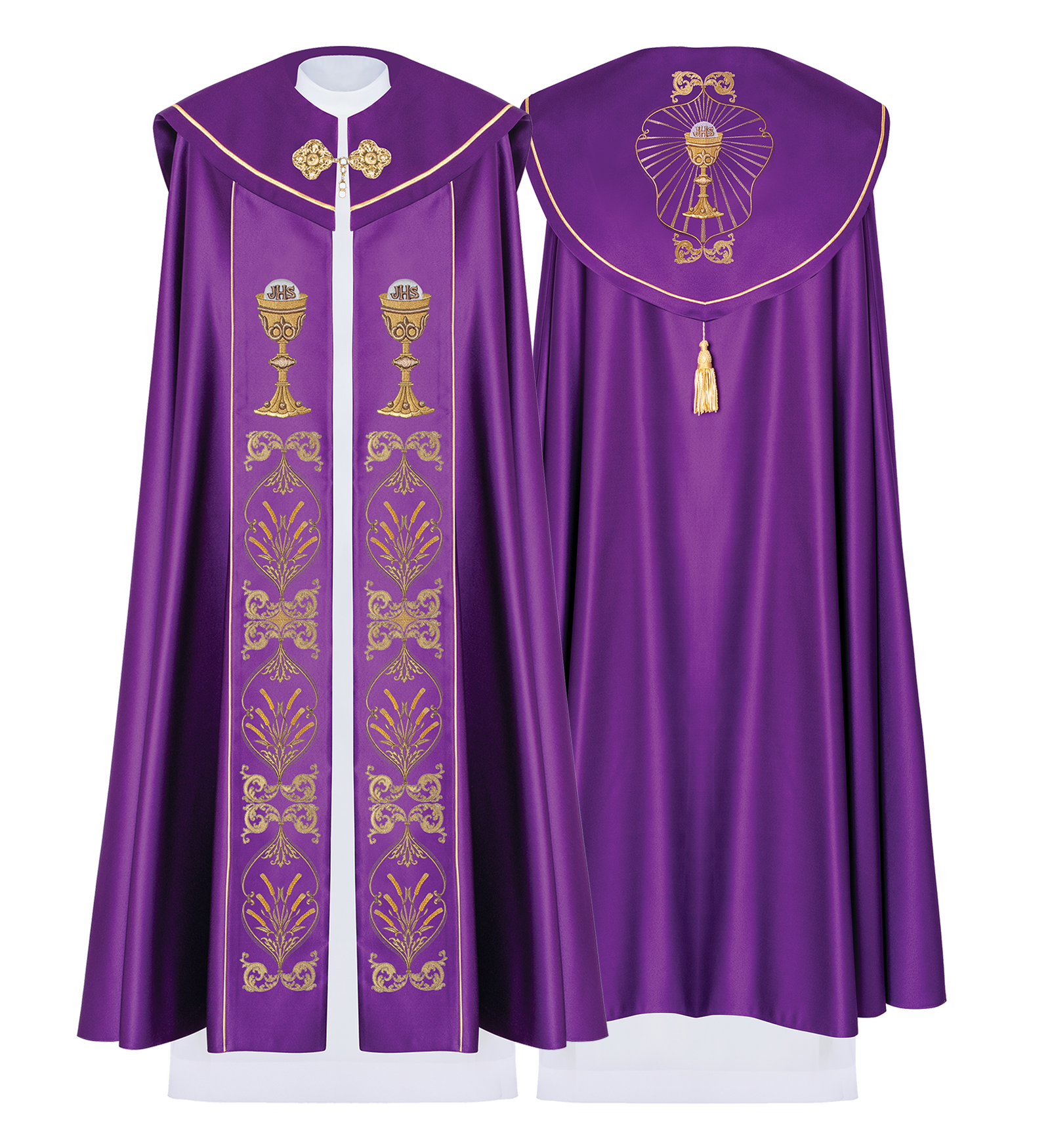 Kapa liturgiczna haftowana z monogramem w kielichy w kolorze fioletowym - ORNATY.PL