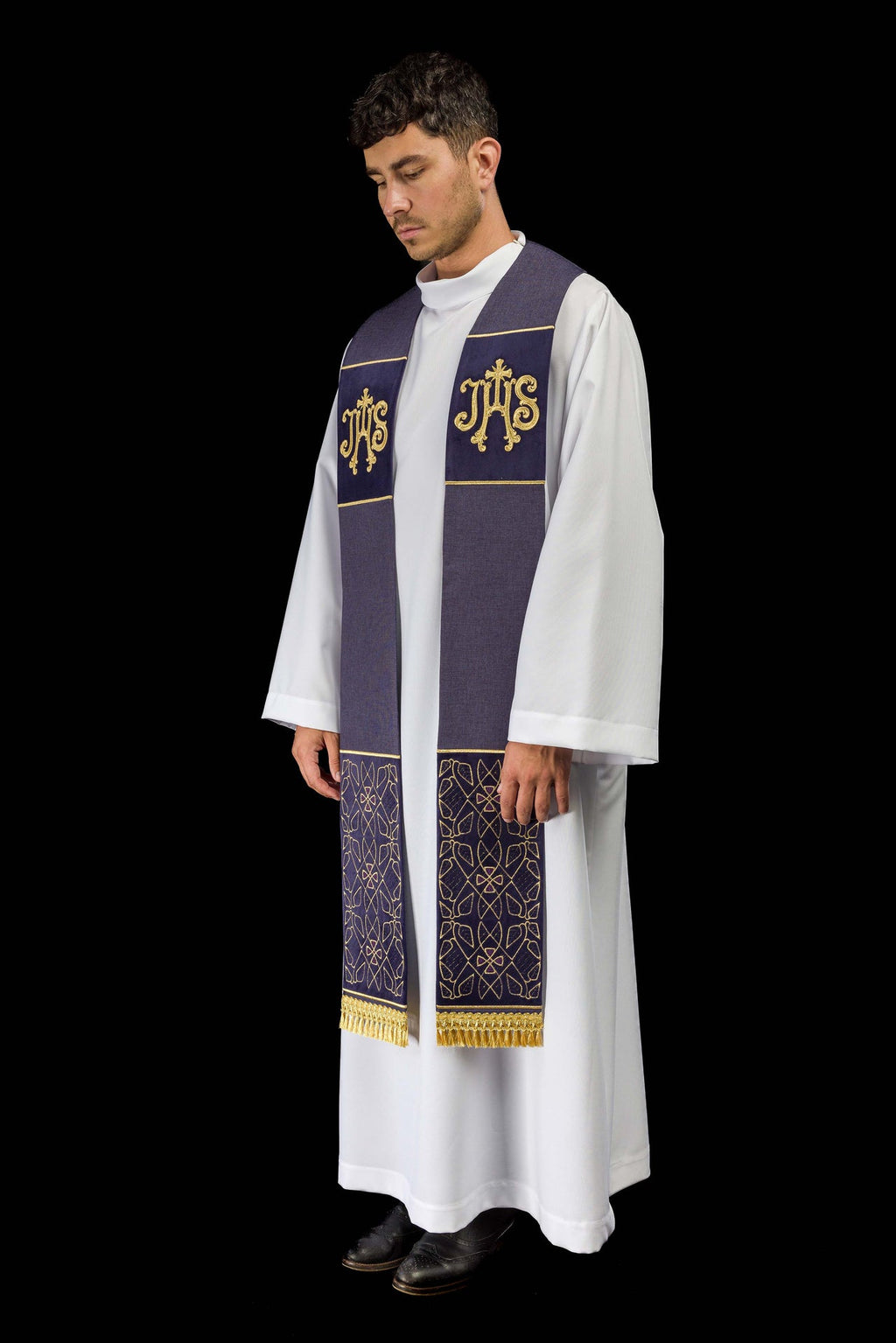 Stuła haftowana aksamitna z motywem IHS fioletowa - ORNATY.PL