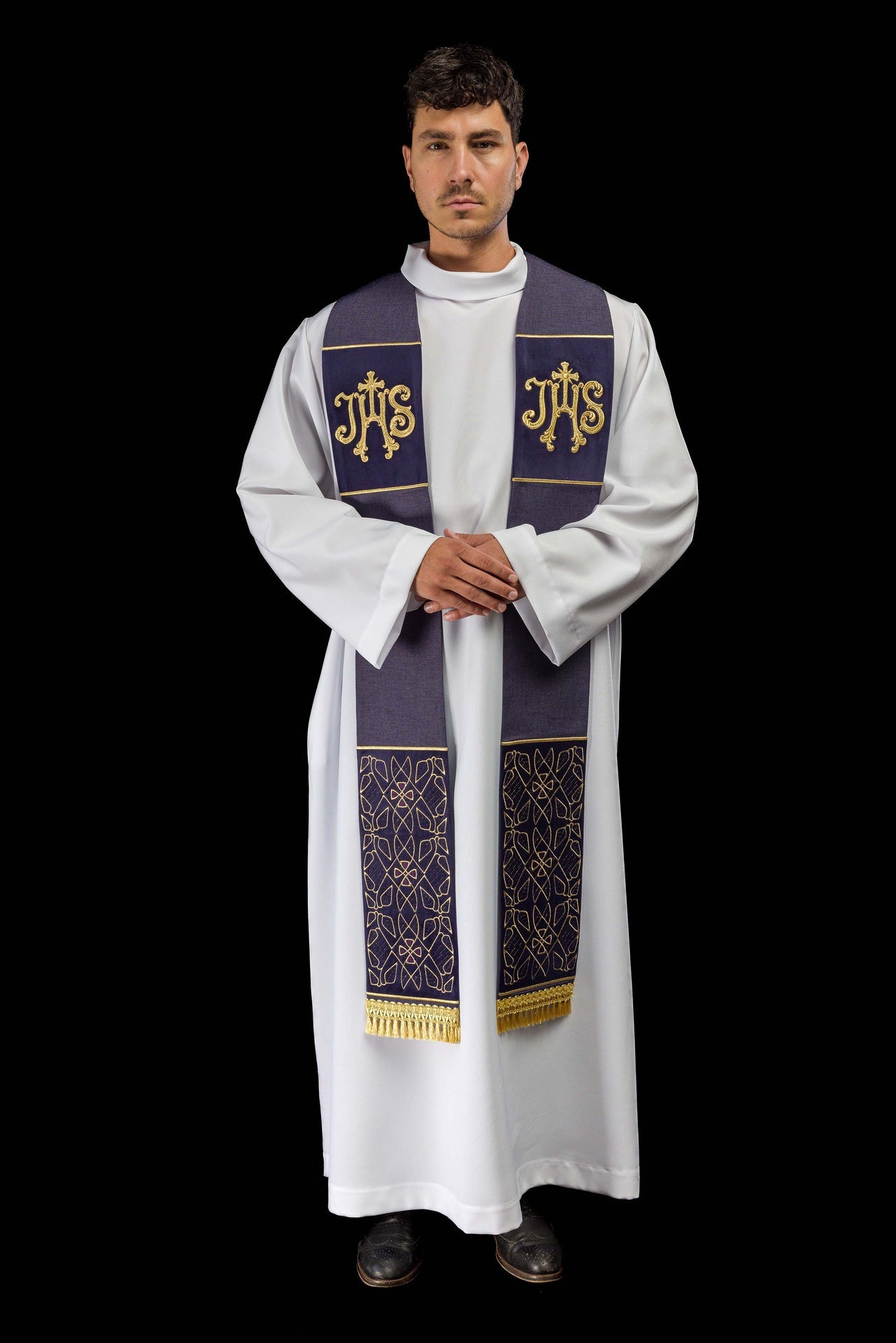 Stuła haftowana aksamitna z motywem IHS fioletowa - ORNATY.PL