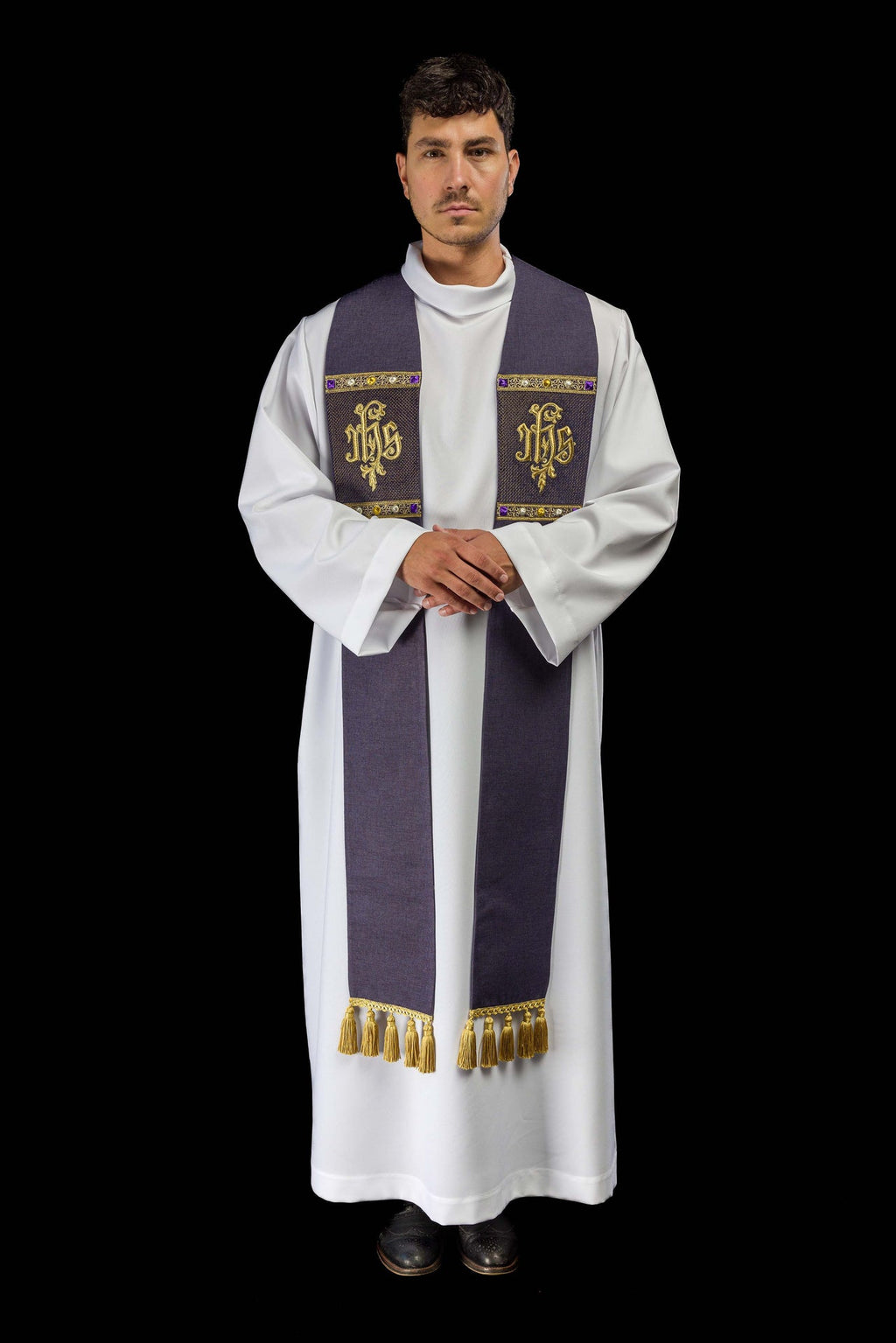 Stuła haftowana z motywem IHS fioletowa - ORNATY.PL