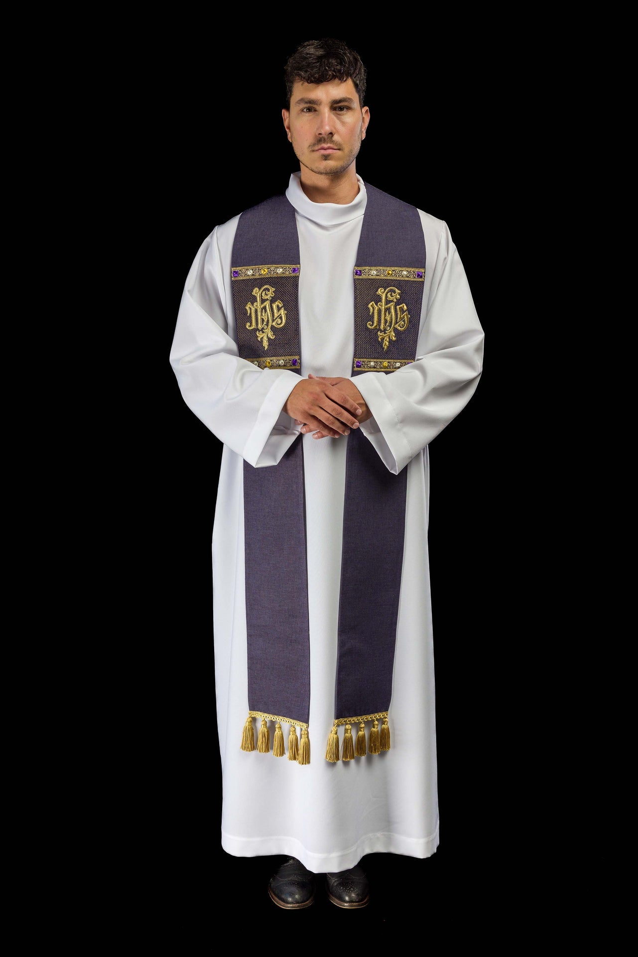 Stuła haftowana z motywem IHS fioletowa - ORNATY.PL