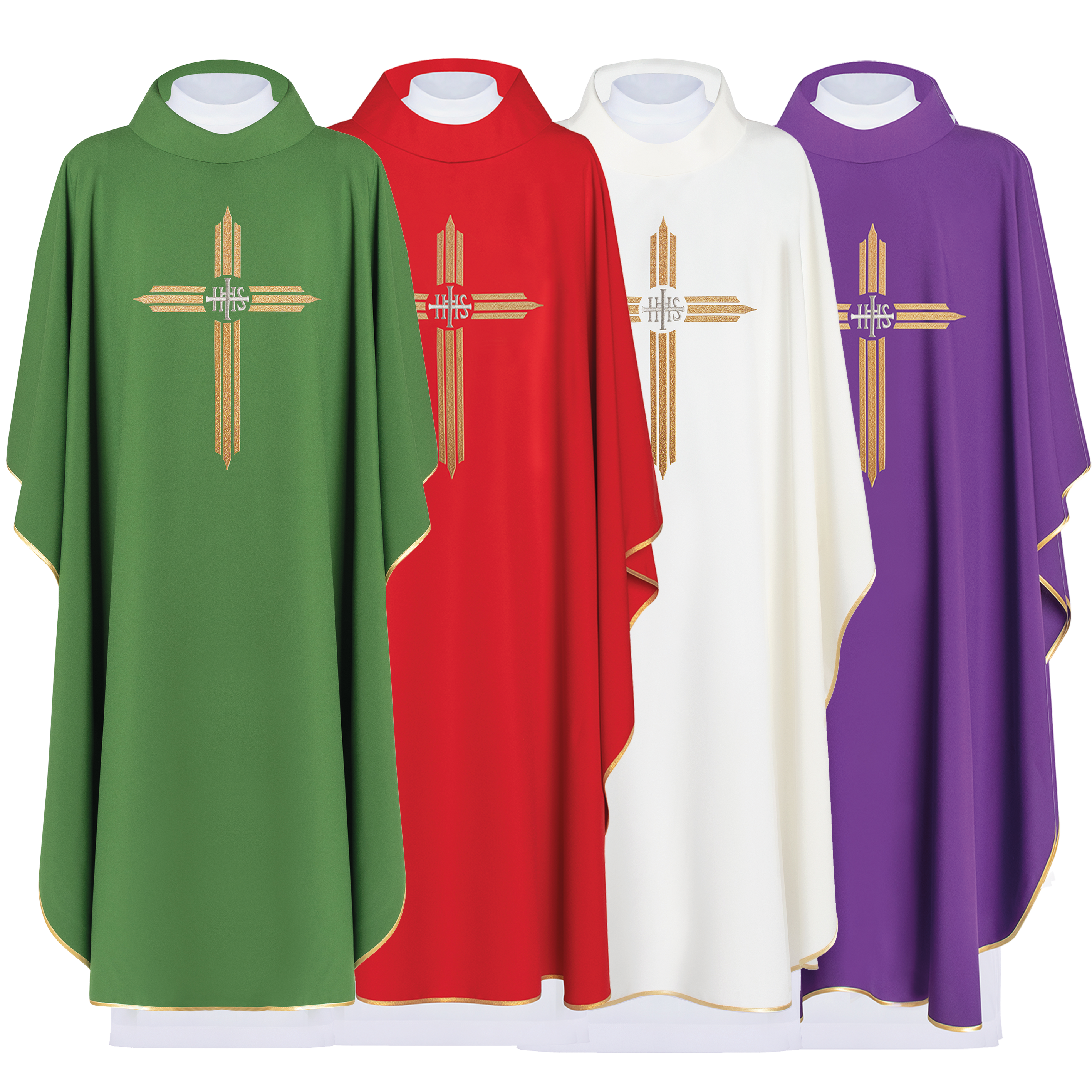 Chasubleset in vier Farben mit Stickerei des Kreuzes und des IHS