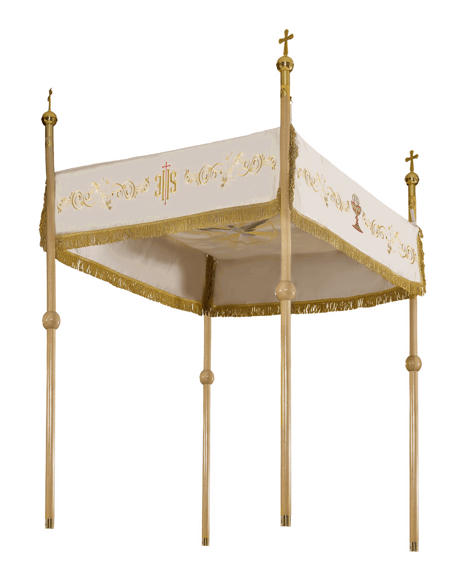 Baldachin Kirche ecru bestickt, Agnus Dei, IHS und Kelch, zu Fronleichnam 140×160 cm - MESSGEWANDER.DE