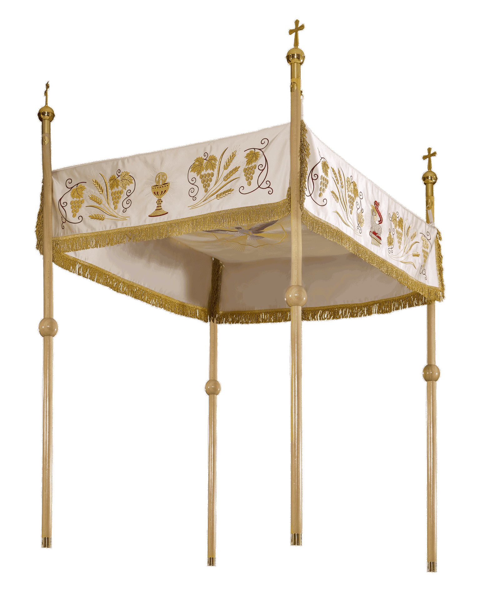 Baldachin Kirche ecru zu Fronleichnam, Agnus Dei, Kelch, IHS bestickt, 130×160 cm - MESSGEWANDER.DE