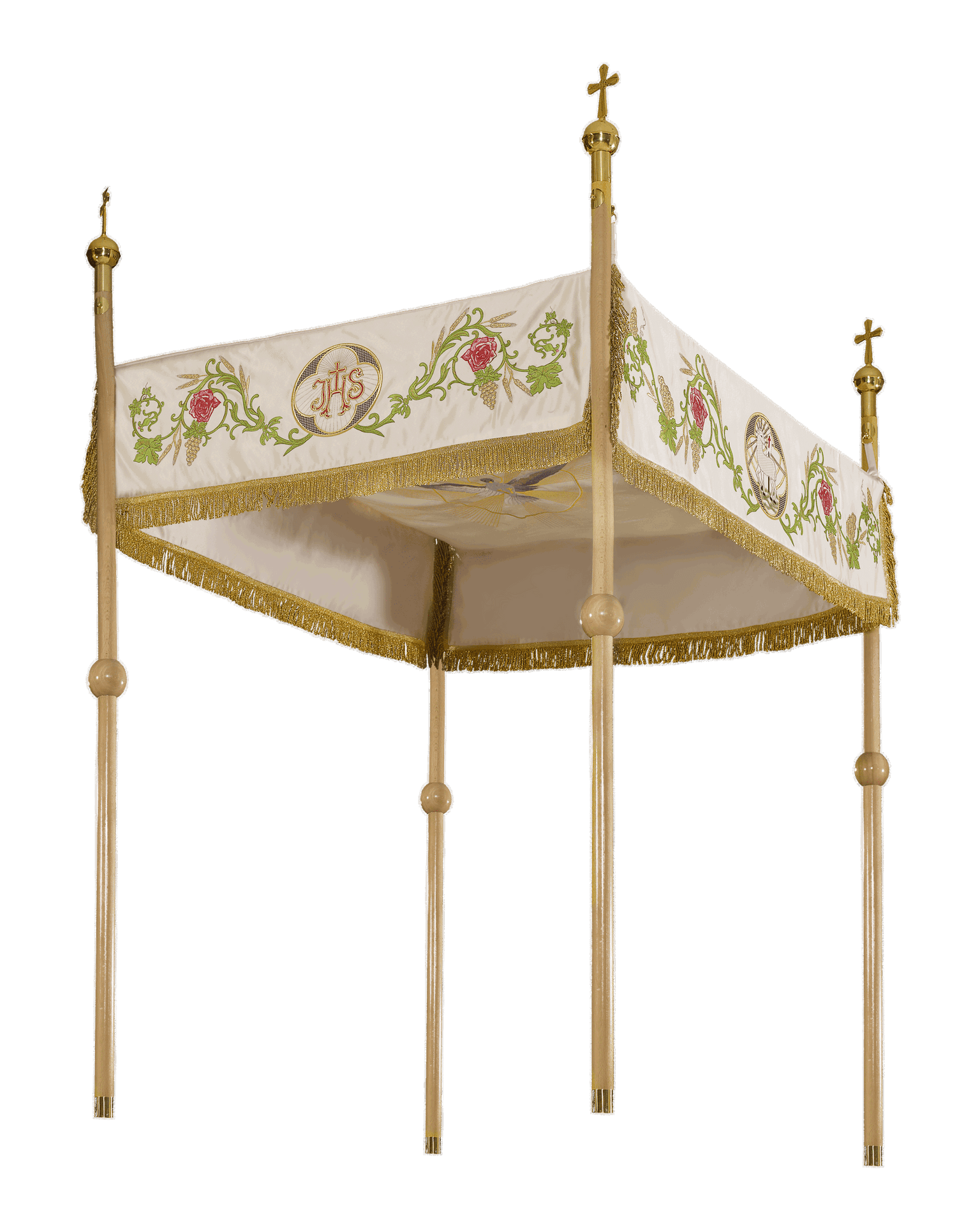 Baldachin liturgisch zu Fronleichnam ecru, bestickt Agnus Dei und Kelch, 130×160 cm - MESSGEWANDER.DE