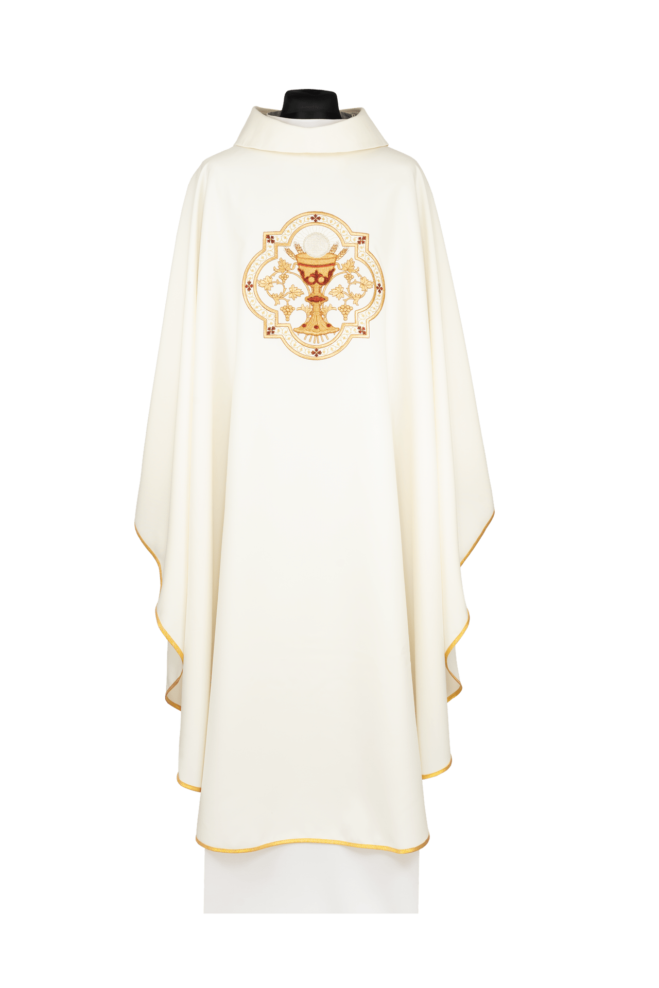 Bestickte Kasel mit Motiv des eucharistischen Kelchs und dem Symbol IHS - MESSGEWANDER.DE