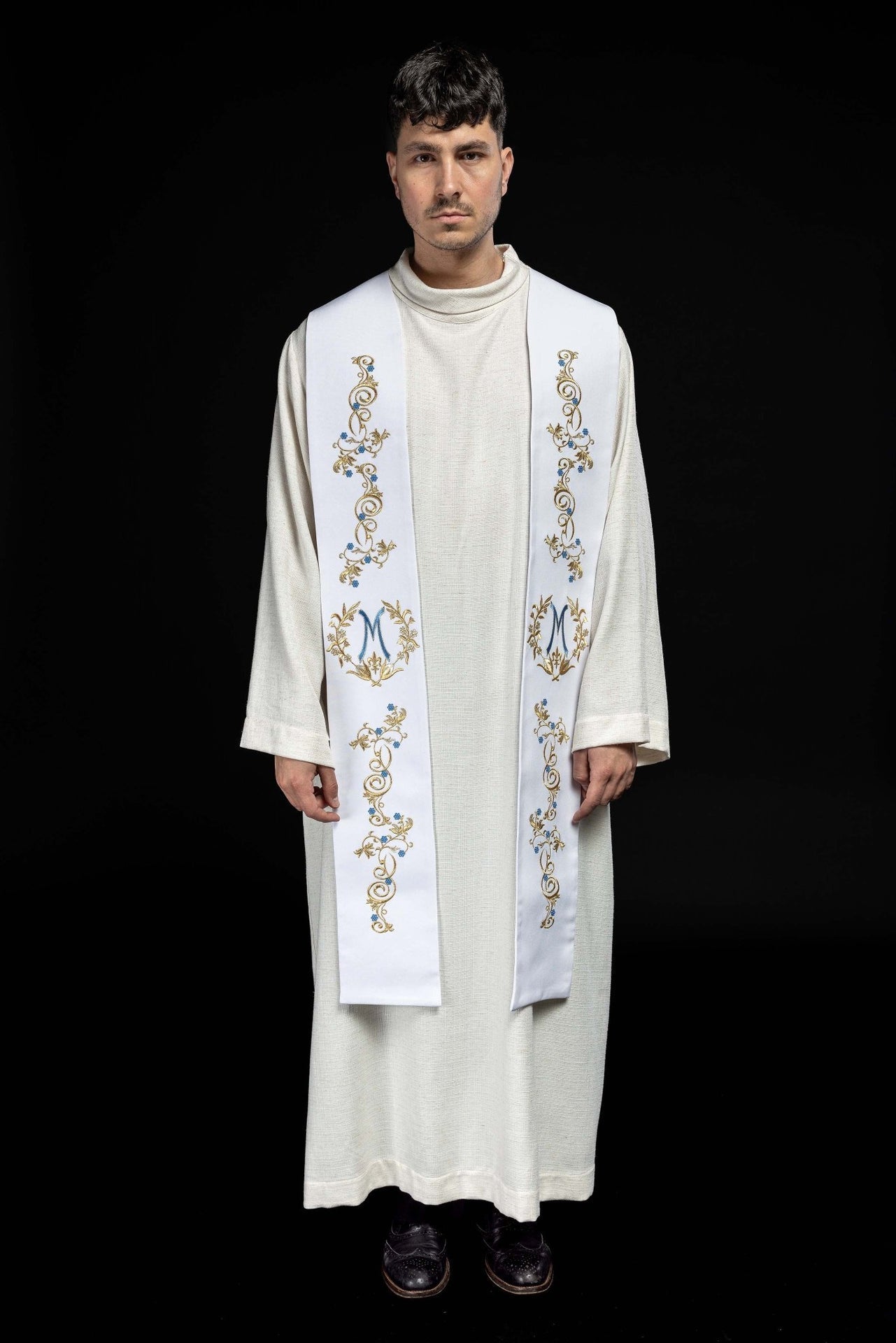 Bestickte marianische Priesterstola Weiß - MESSGEWANDER.DE
