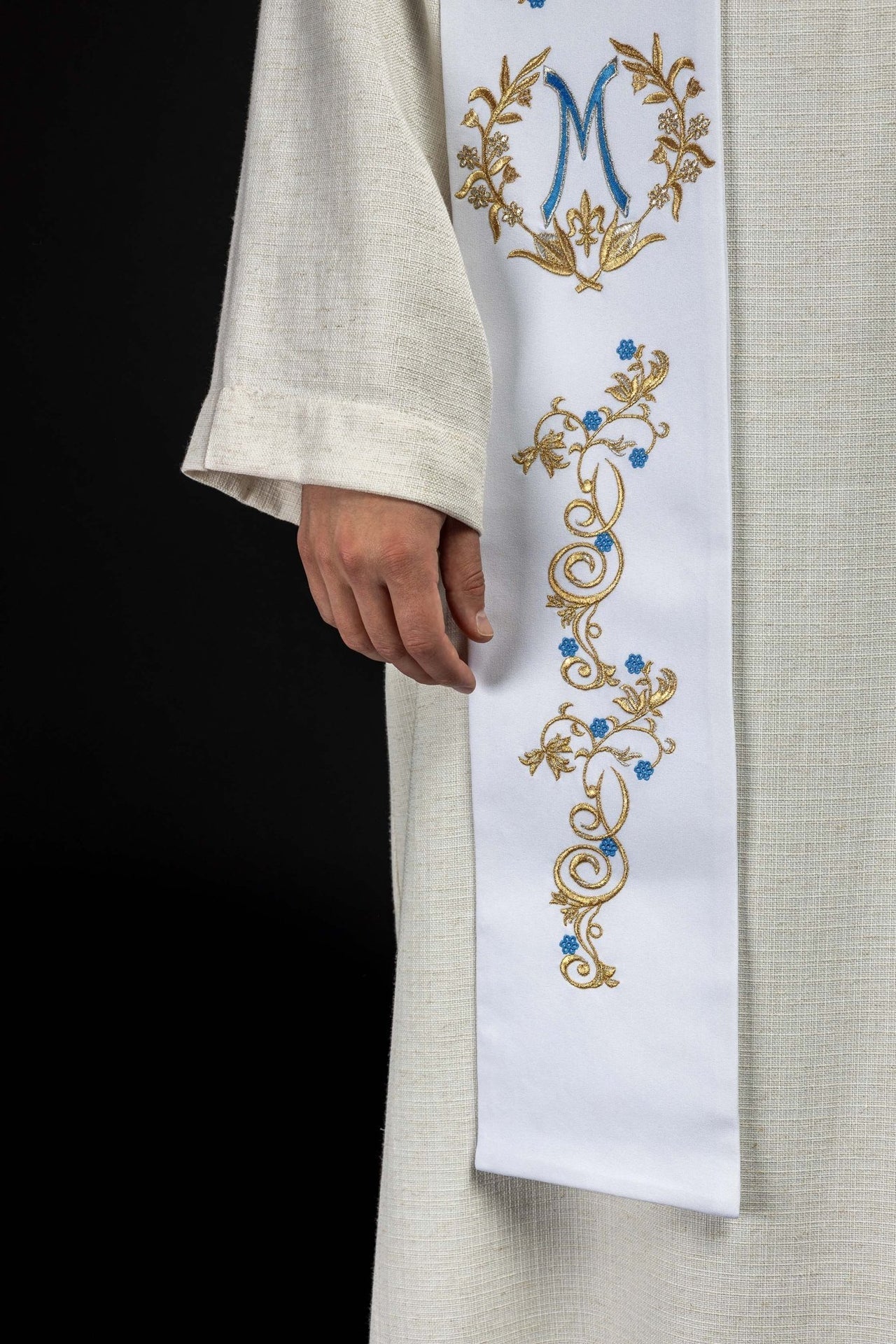 Bestickte marianische Priesterstola Weiß - MESSGEWANDER.DE