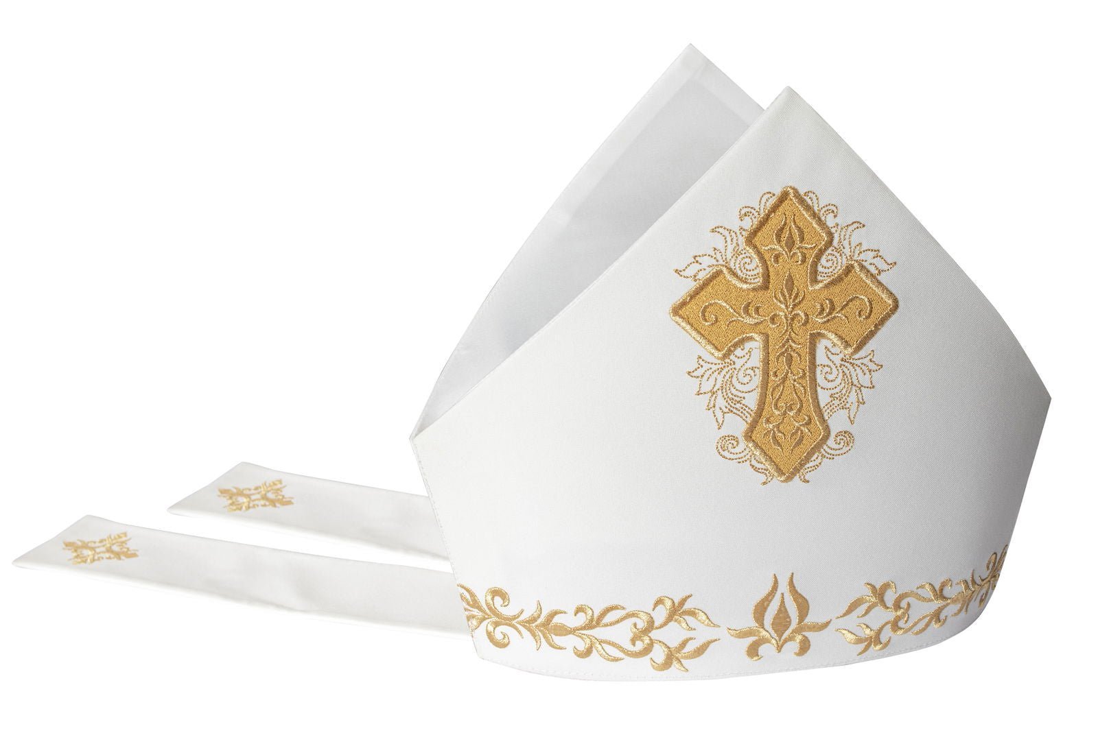 Bestickte Mithra, reich verziert mit einem dicken Goldkreuz - MESSGEWANDER.DE