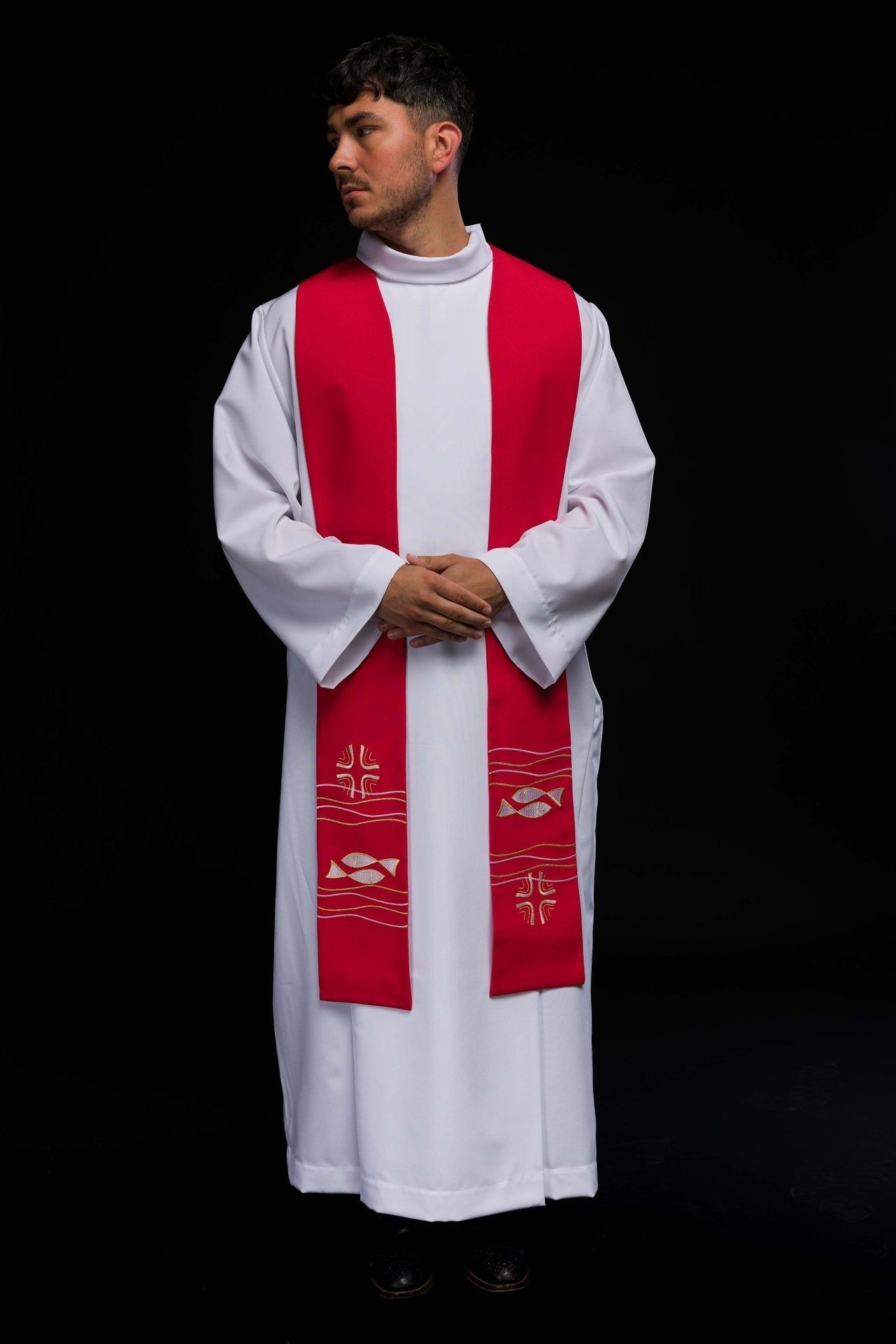 Bestickte Priesterstola Fisch Rot - MESSGEWANDER.DE